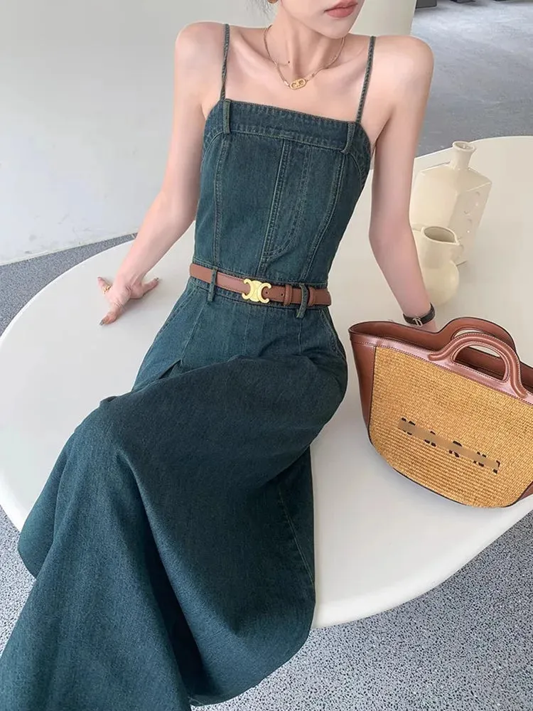 Girlary Deep Blue Denim Camisole Dress For Women'S Summer Retro One Shoulder Elastic Strapless Slim Fitting Temperament Dress