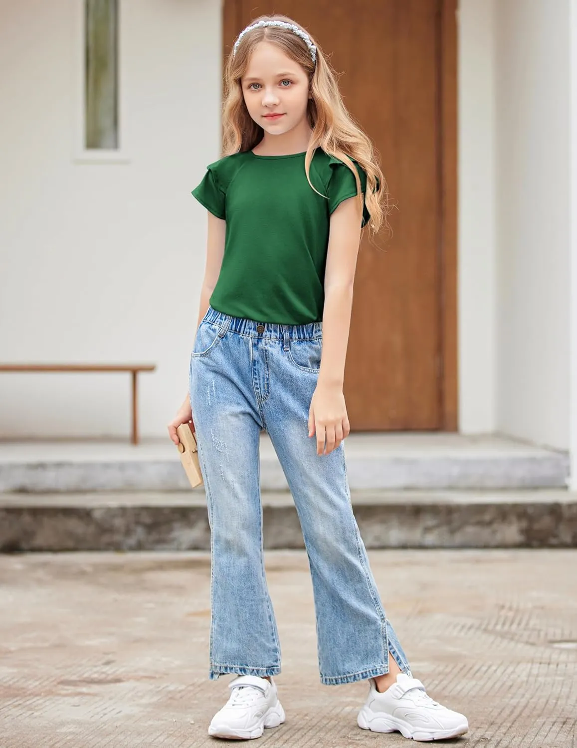 Girls T Shirts Ruffle Short Sleeve Round Neck Loose Blouse Summer Solid Color Casual Girl Tee Tops for 3-12 Years