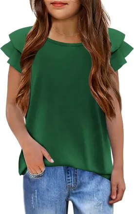 Girls T Shirts Ruffle Short Sleeve Round Neck Loose Blouse Summer Solid Color Casual Girl Tee Tops for 3-12 Years