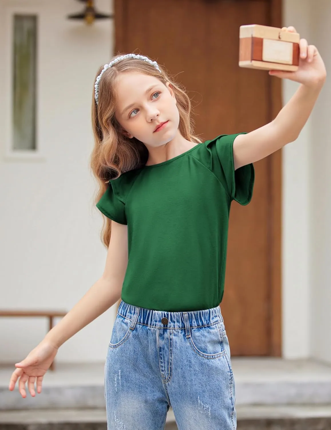 Girls T Shirts Ruffle Short Sleeve Round Neck Loose Blouse Summer Solid Color Casual Girl Tee Tops for 3-12 Years