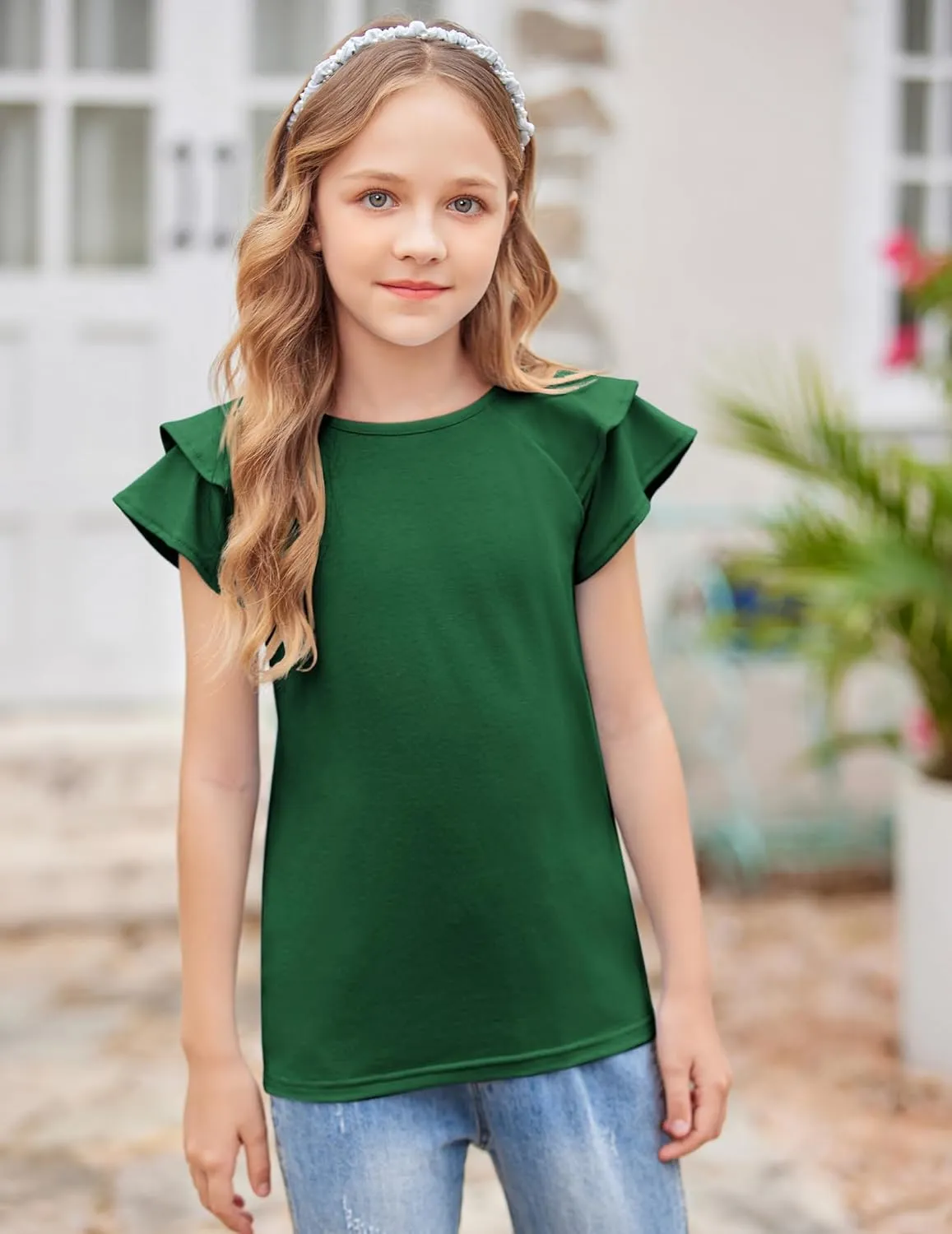 Girls T Shirts Ruffle Short Sleeve Round Neck Loose Blouse Summer Solid Color Casual Girl Tee Tops for 3-12 Years