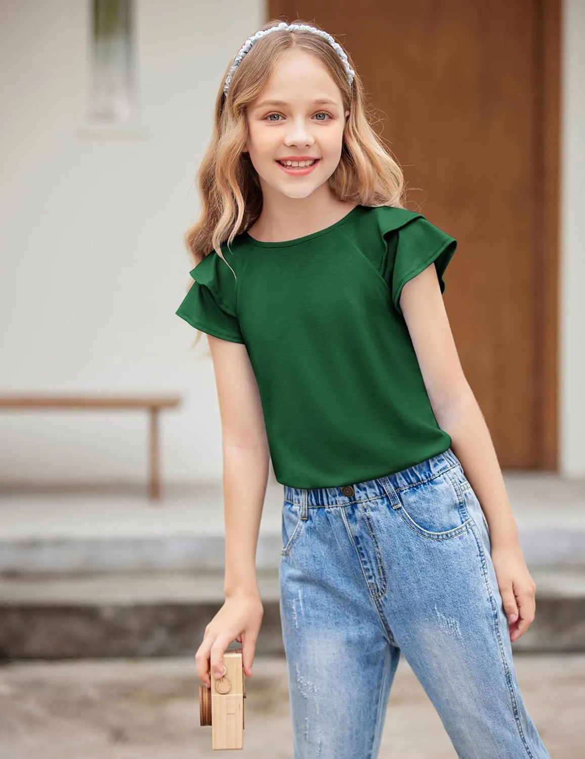 Girls T Shirts Ruffle Short Sleeve Round Neck Loose Blouse Summer Solid Color Casual Girl Tee Tops for 3-12 Years
