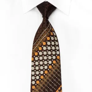 Grand Jour Men's Crystal Tie Orange Gold Circles On Brown Silk With Gold Sparkles