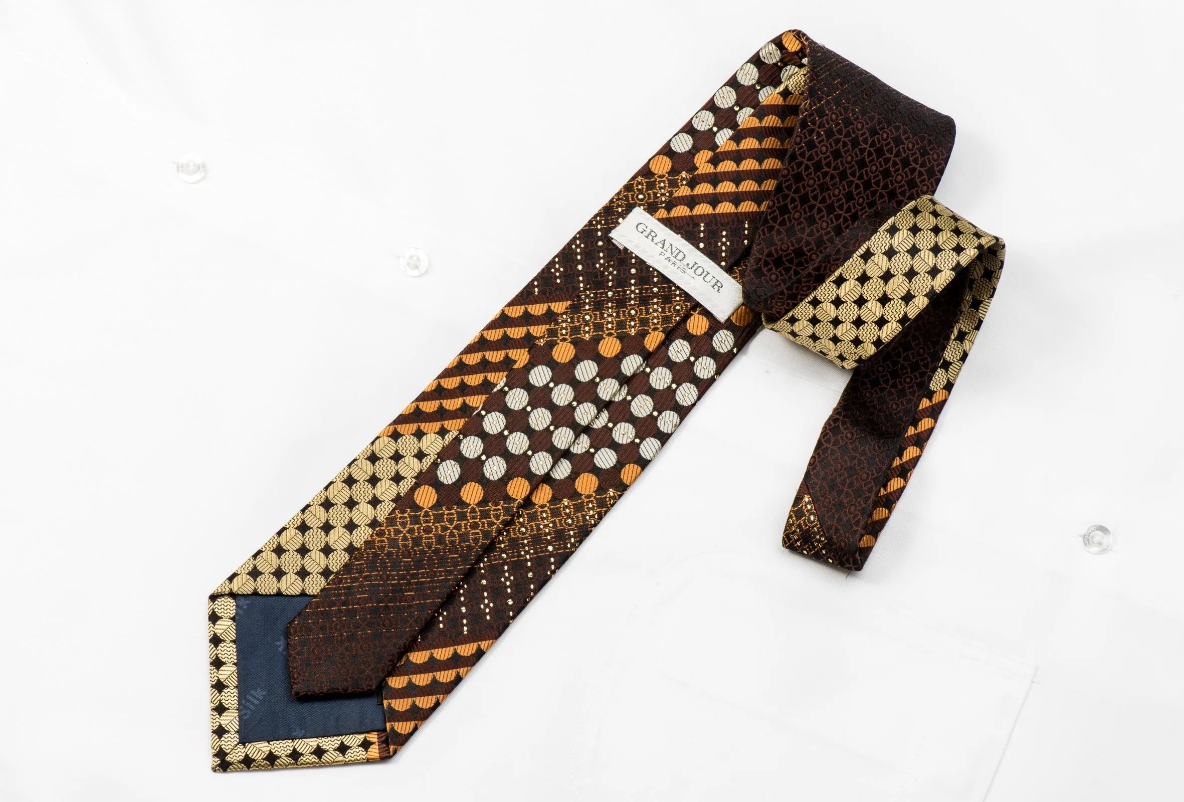 Grand Jour Men's Crystal Tie Orange Gold Circles On Brown Silk With Gold Sparkles