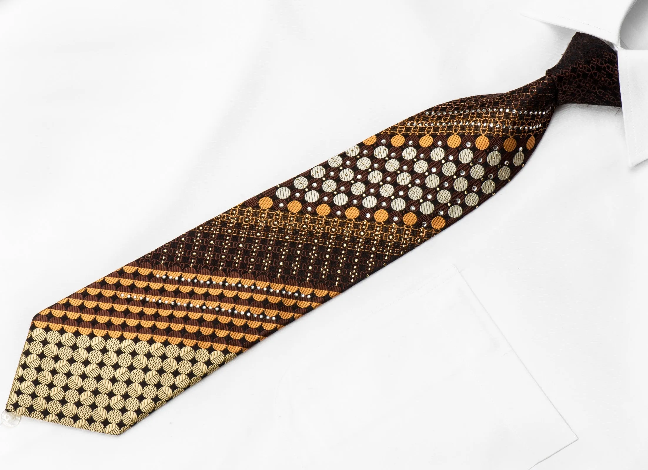 Grand Jour Men's Crystal Tie Orange Gold Circles On Brown Silk With Gold Sparkles