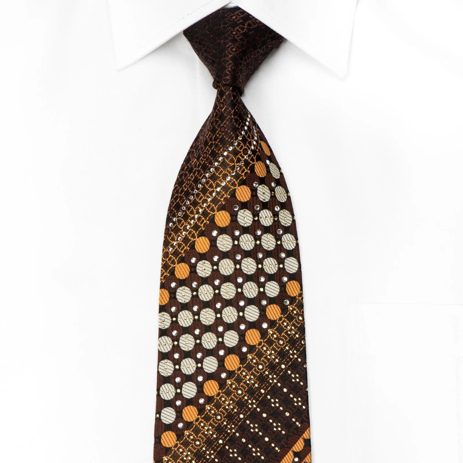 Grand Jour Men's Crystal Tie Orange Gold Circles On Brown Silk With Gold Sparkles