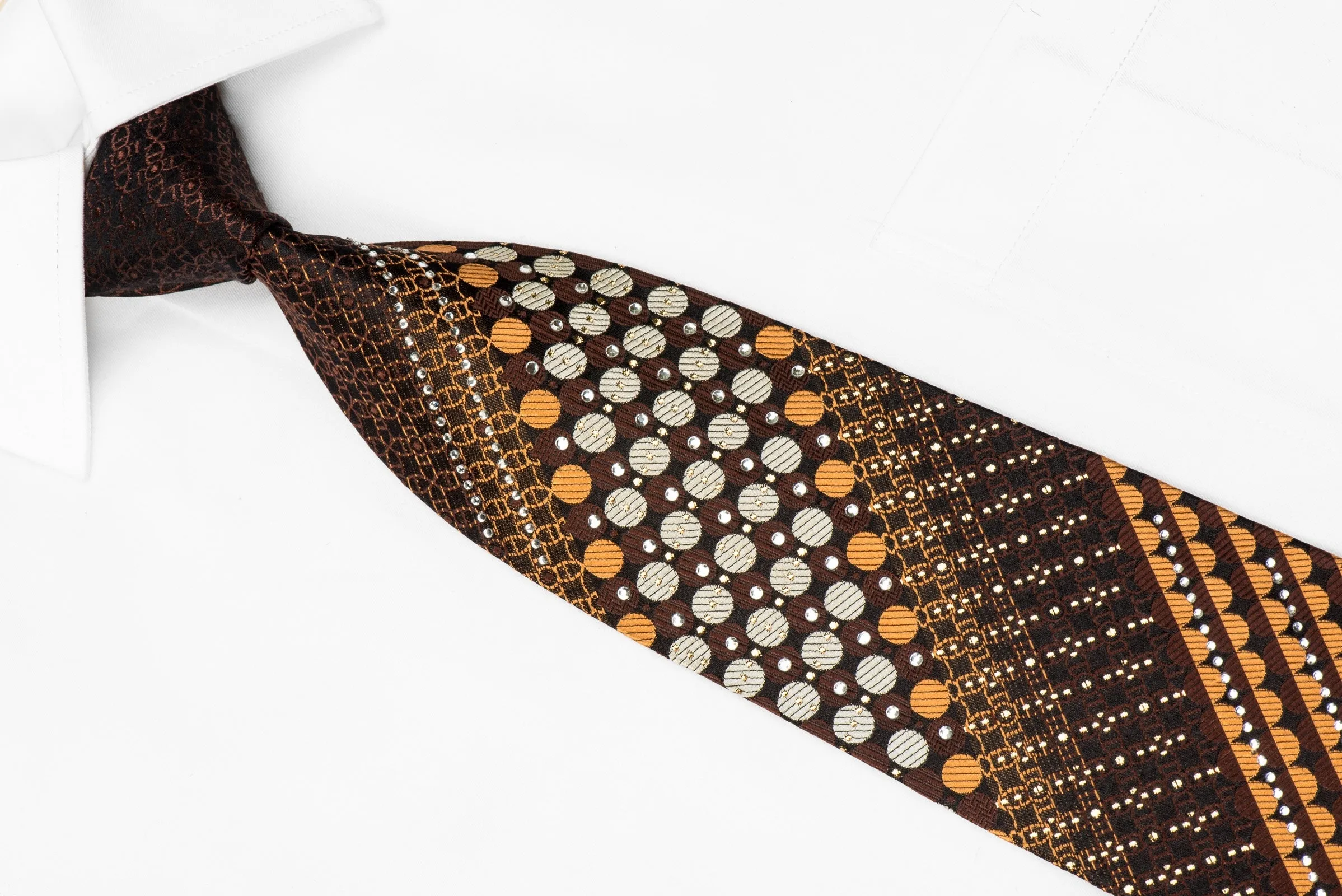 Grand Jour Men's Crystal Tie Orange Gold Circles On Brown Silk With Gold Sparkles