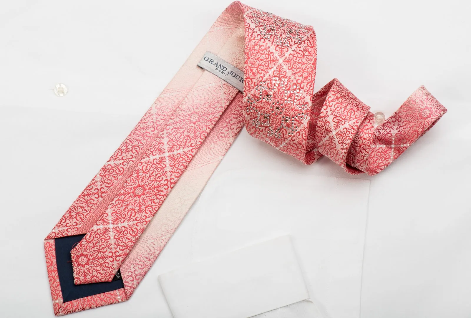 Grand Jour Mens Rhinestone Silk Necktie Arabesk On Pink With Sparkles
