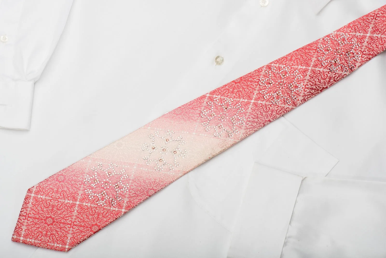 Grand Jour Mens Rhinestone Silk Necktie Arabesk On Pink With Sparkles