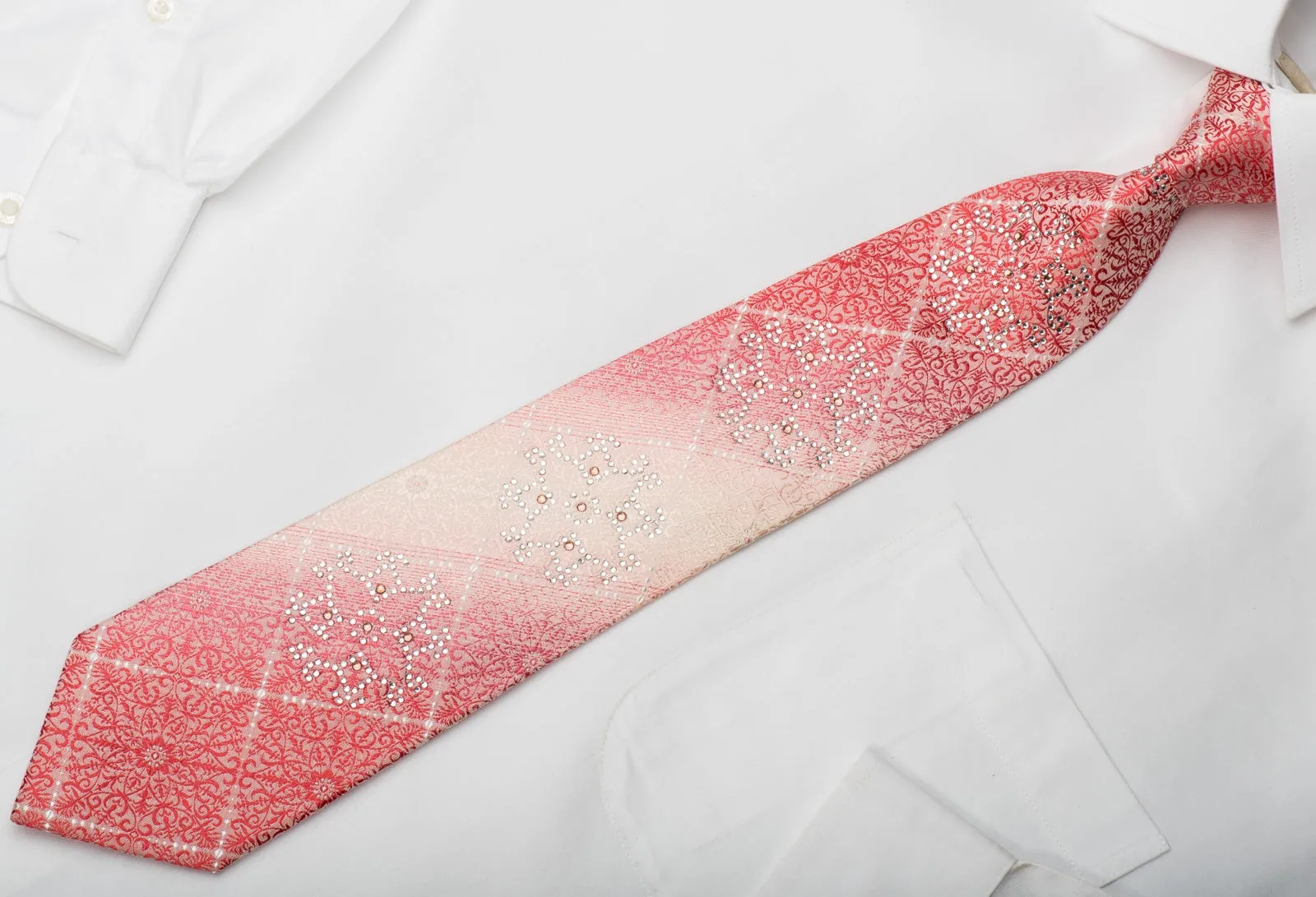 Grand Jour Mens Rhinestone Silk Necktie Arabesk On Pink With Sparkles