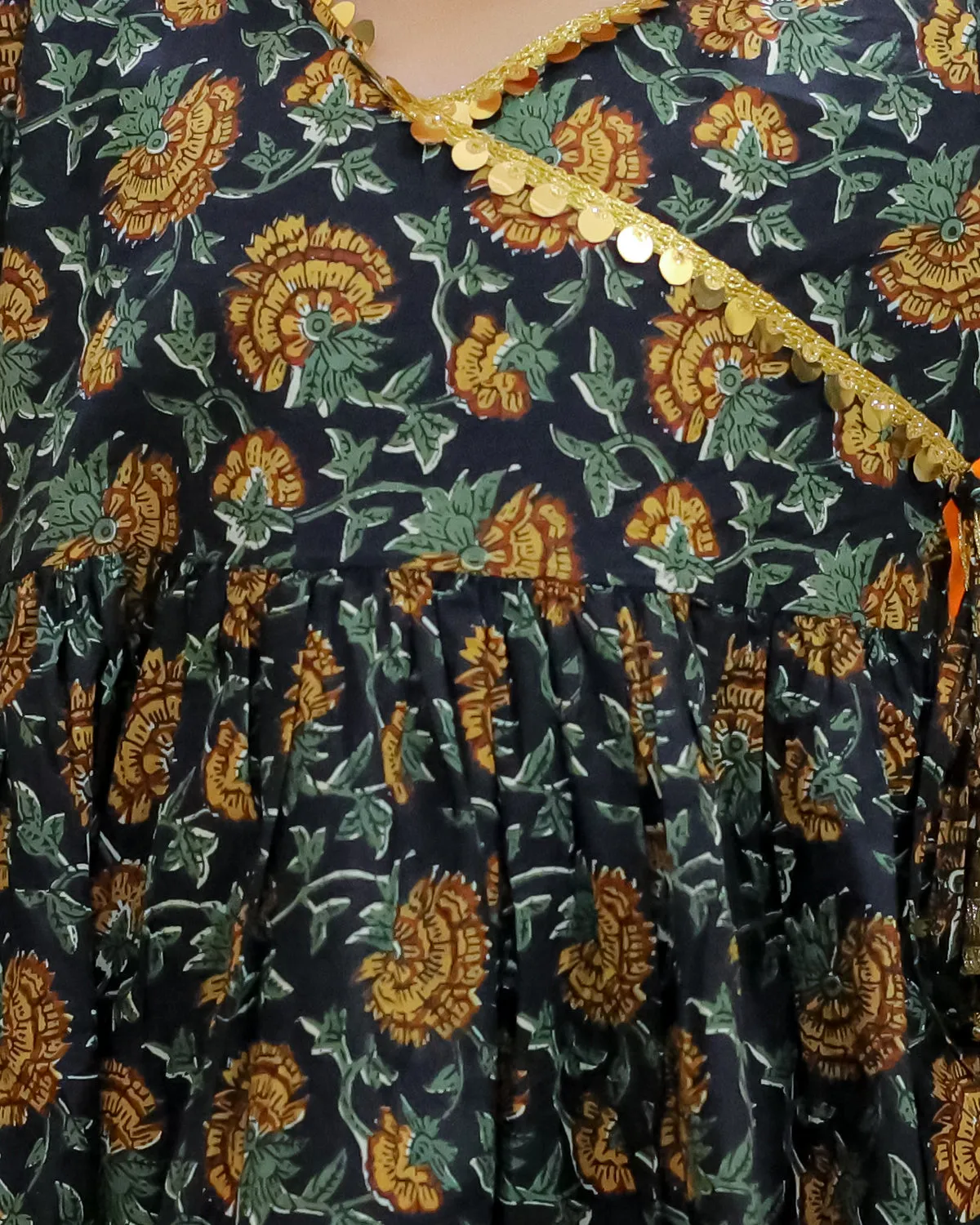 Green Block Print Girls Anarkali Pajama Set