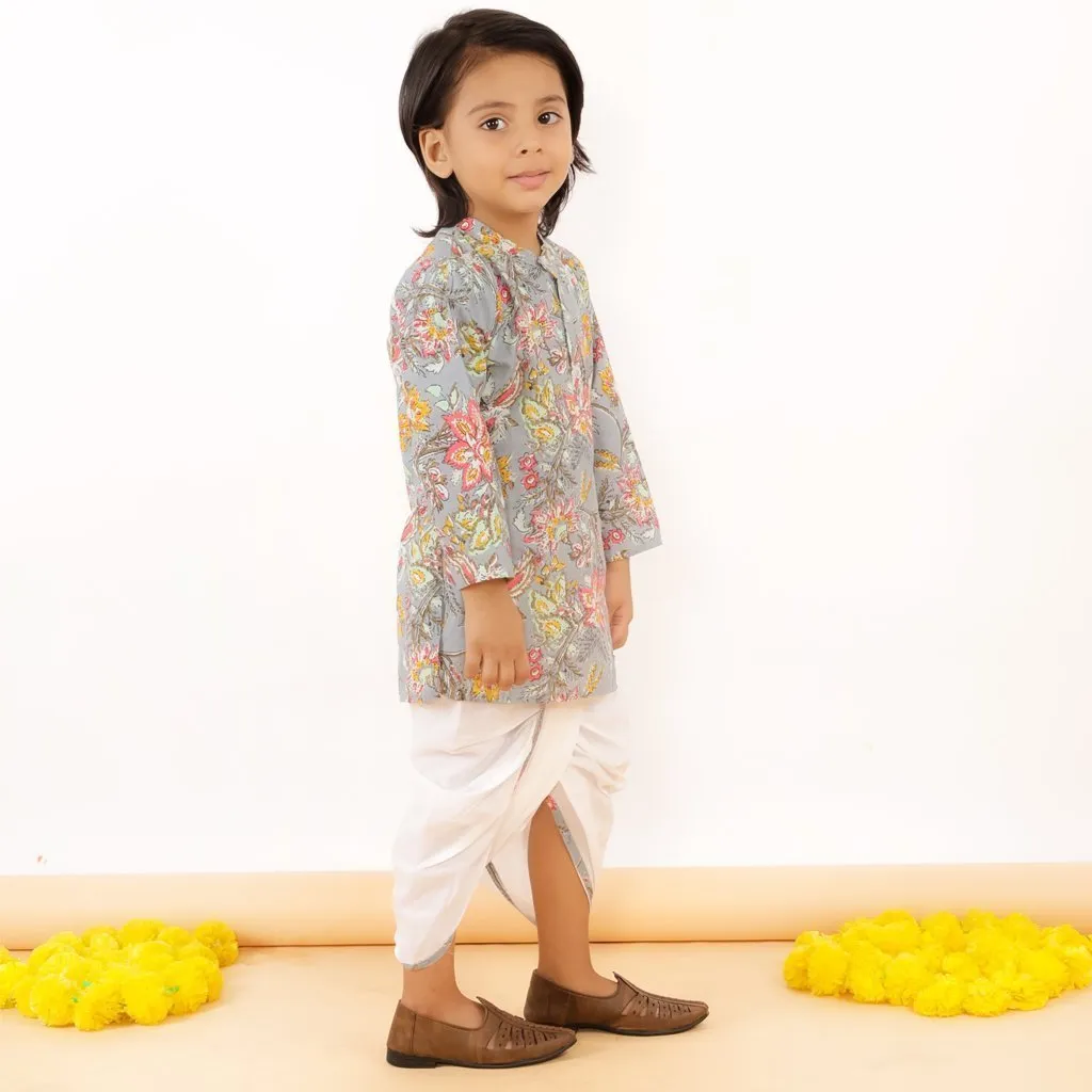 Grey Floral Boys Dhoti Kurta Set