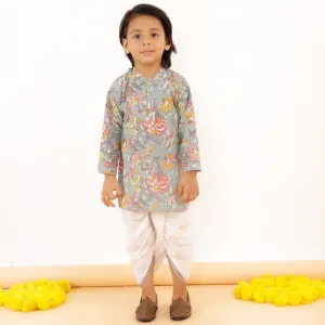 Grey Floral Boys Dhoti Kurta Set