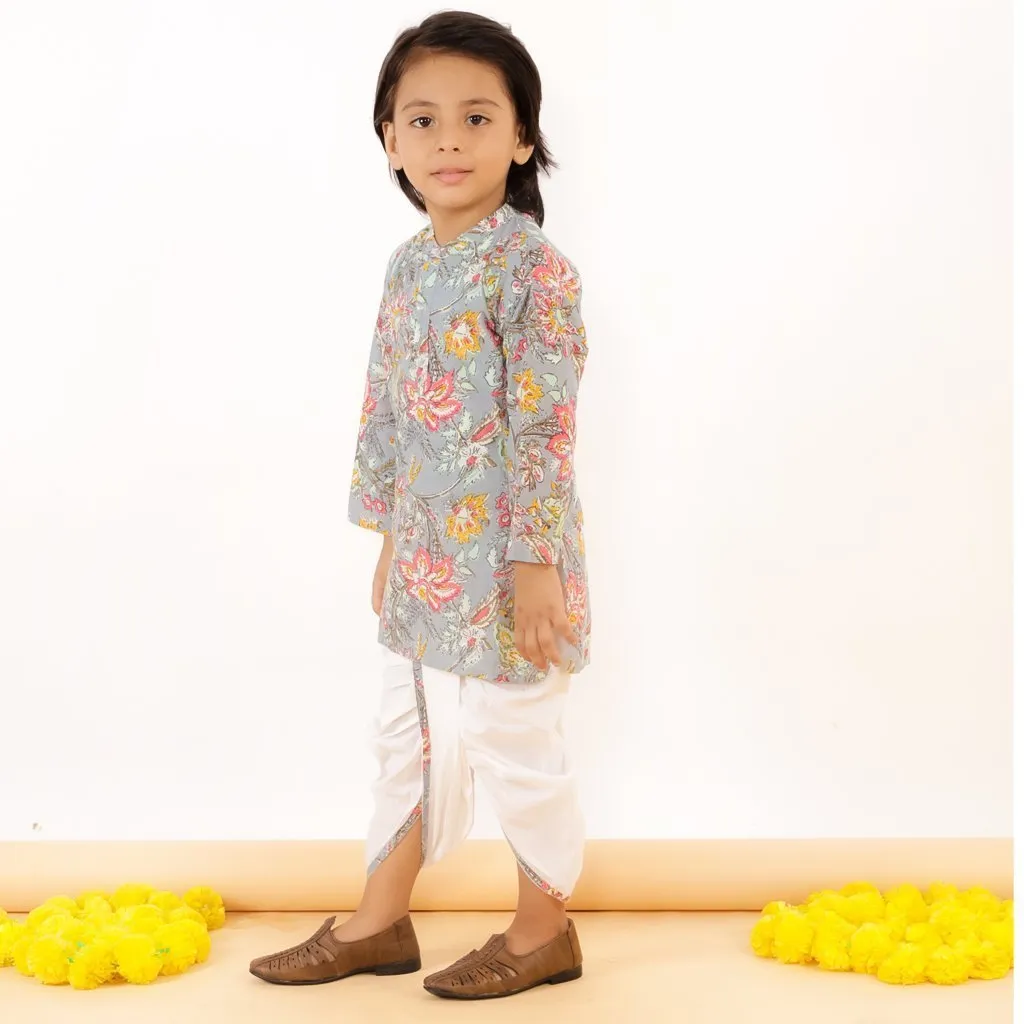 Grey Floral Boys Dhoti Kurta Set