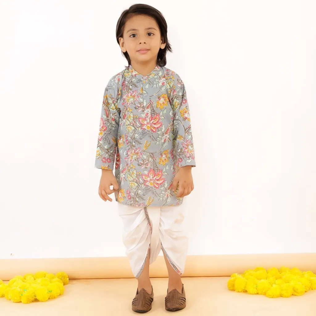 Grey Floral Boys Dhoti Kurta Set