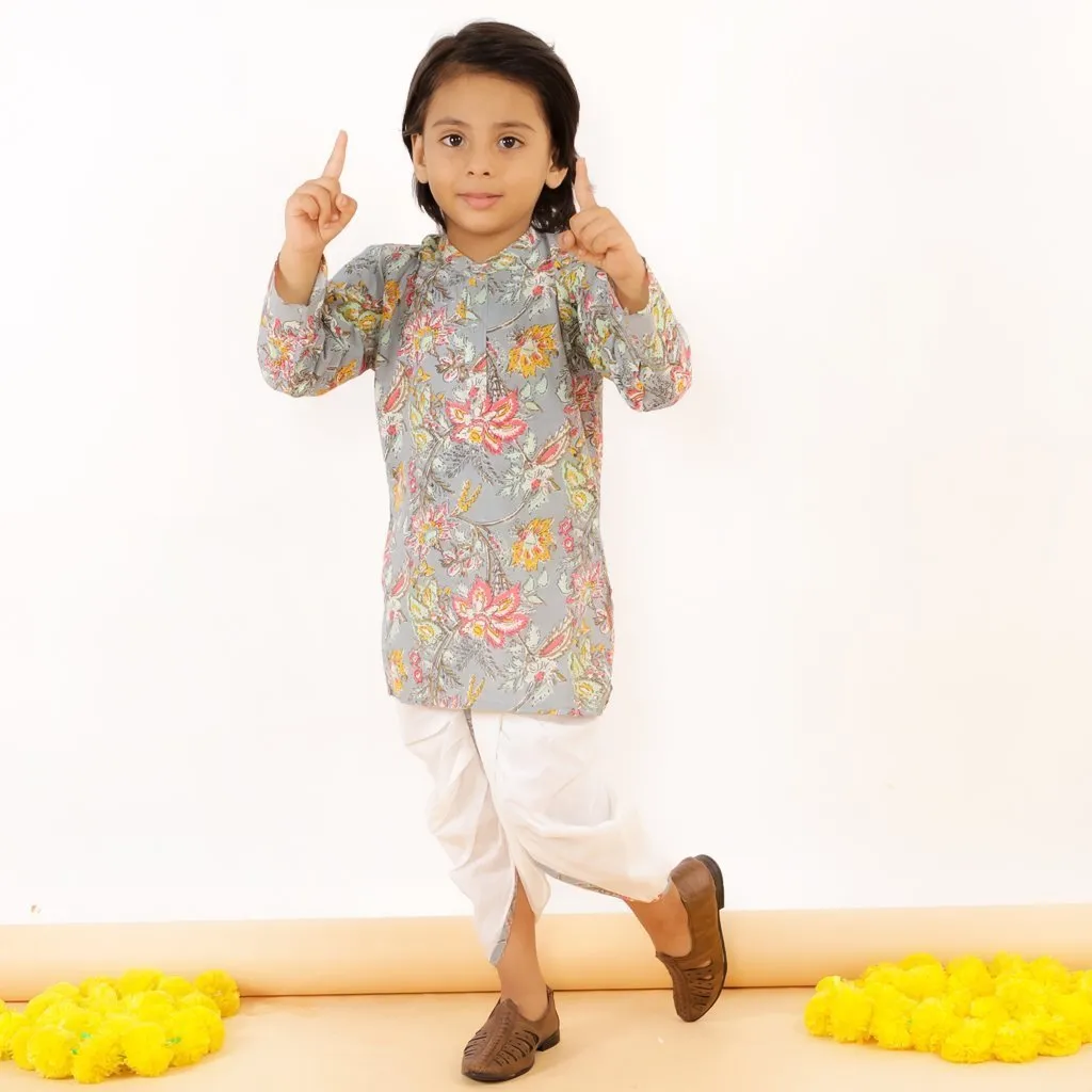 Grey Floral Boys Dhoti Kurta Set