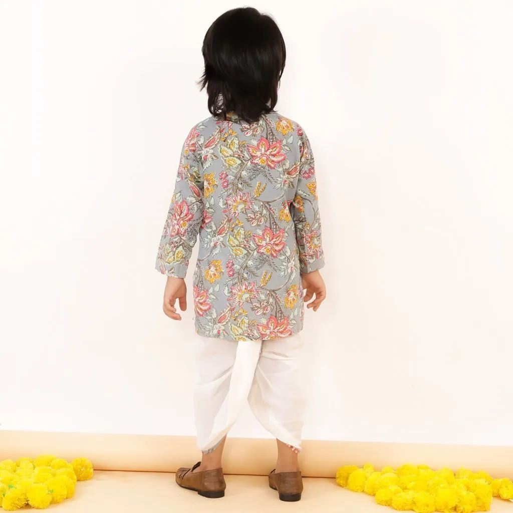 Grey Floral Boys Dhoti Kurta Set