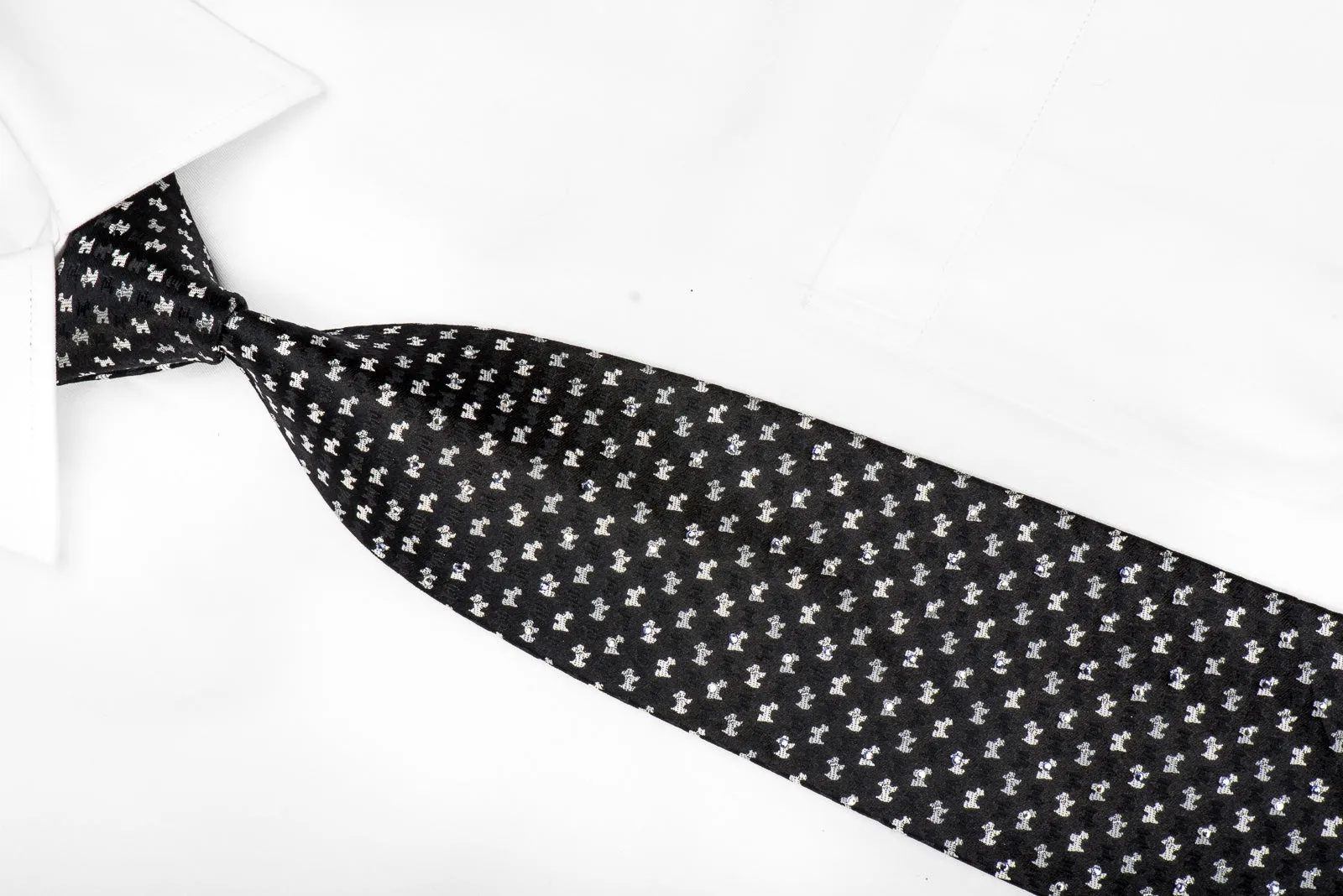 Guy Laroche Men's Crystal Silk Tie Silver Scottie Dogs On Black With Silver Sparkles