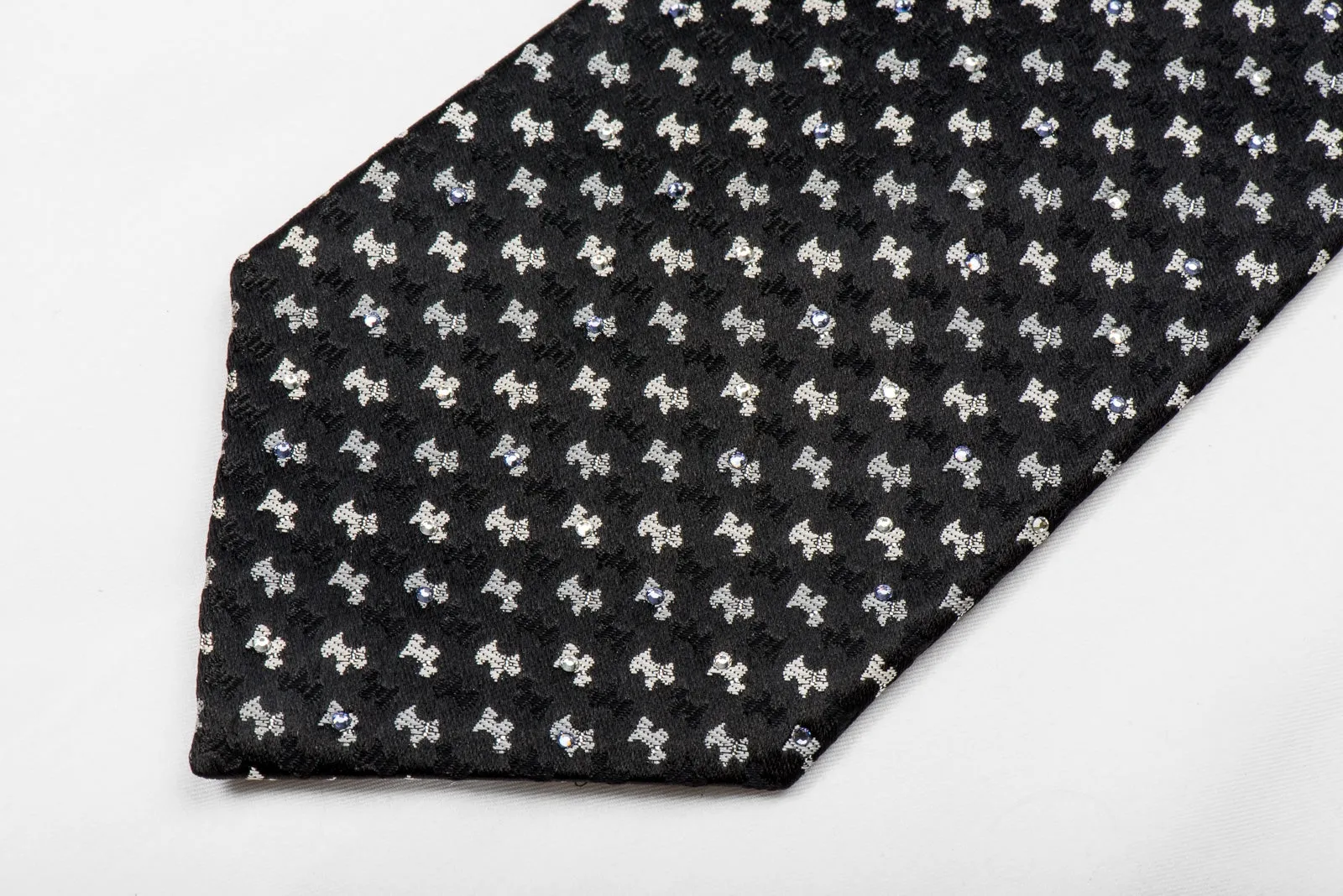 Guy Laroche Men's Crystal Silk Tie Silver Scottie Dogs On Black With Silver Sparkles