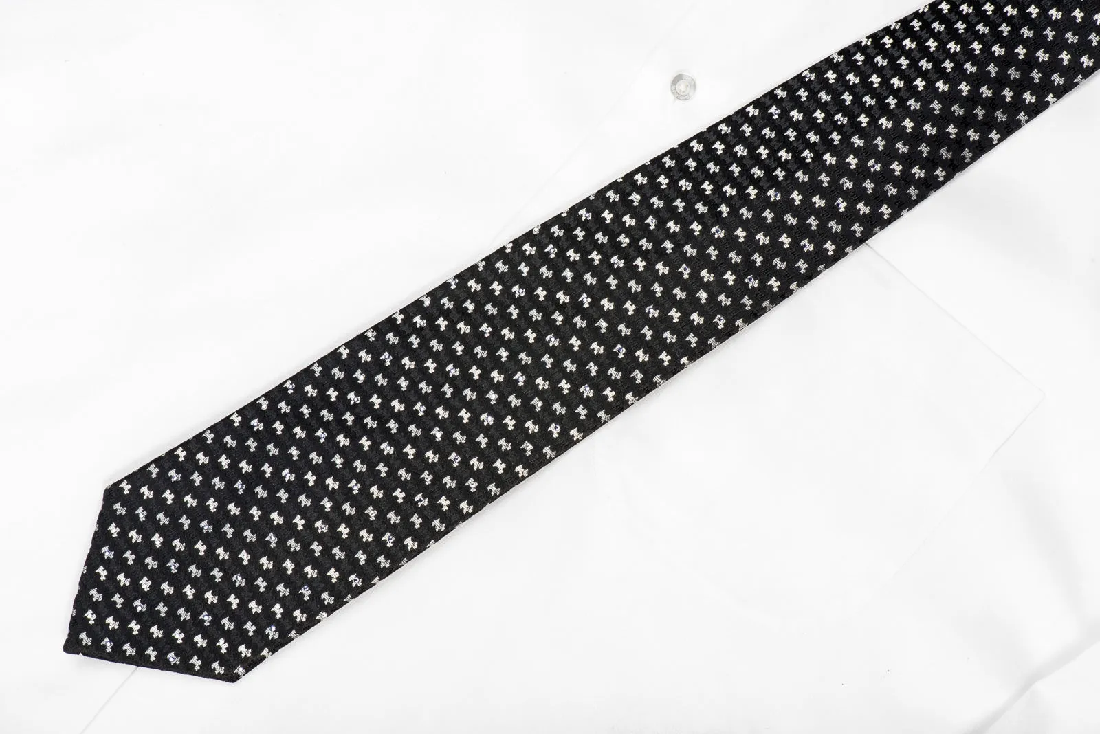 Guy Laroche Men's Crystal Silk Tie Silver Scottie Dogs On Black With Silver Sparkles