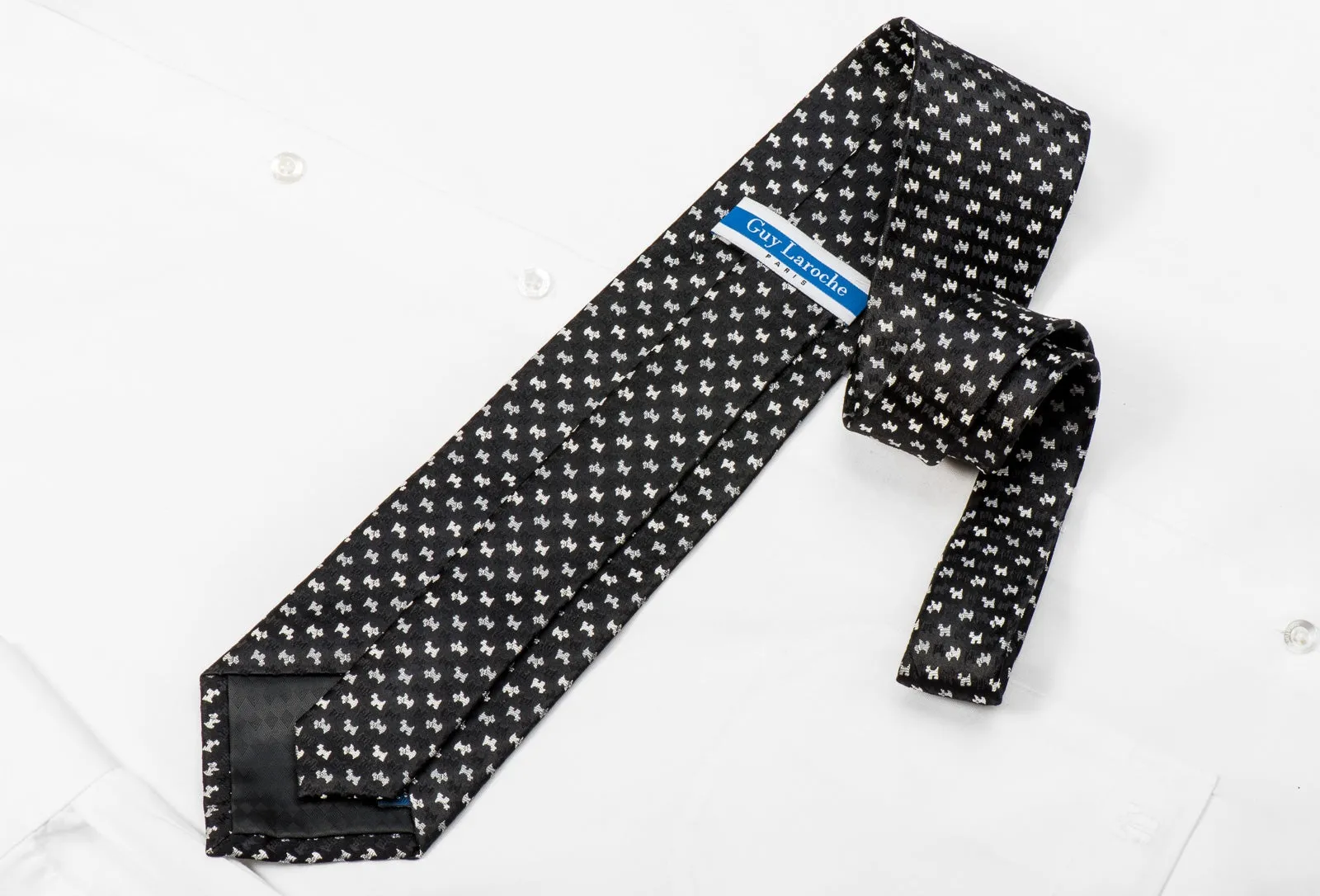Guy Laroche Men's Crystal Silk Tie Silver Scottie Dogs On Black With Silver Sparkles
