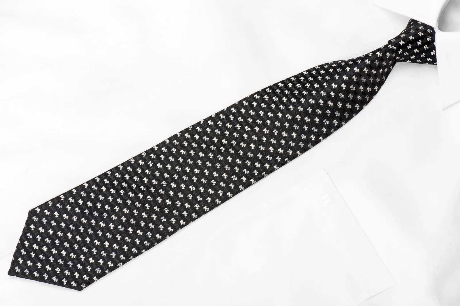 Guy Laroche Men's Crystal Silk Tie Silver Scottie Dogs On Black With Silver Sparkles