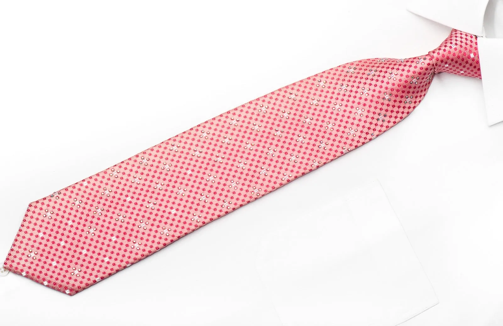 Guy Laroche Men's Silk Necktie Dots On Pink Sparkling With Rhinestones