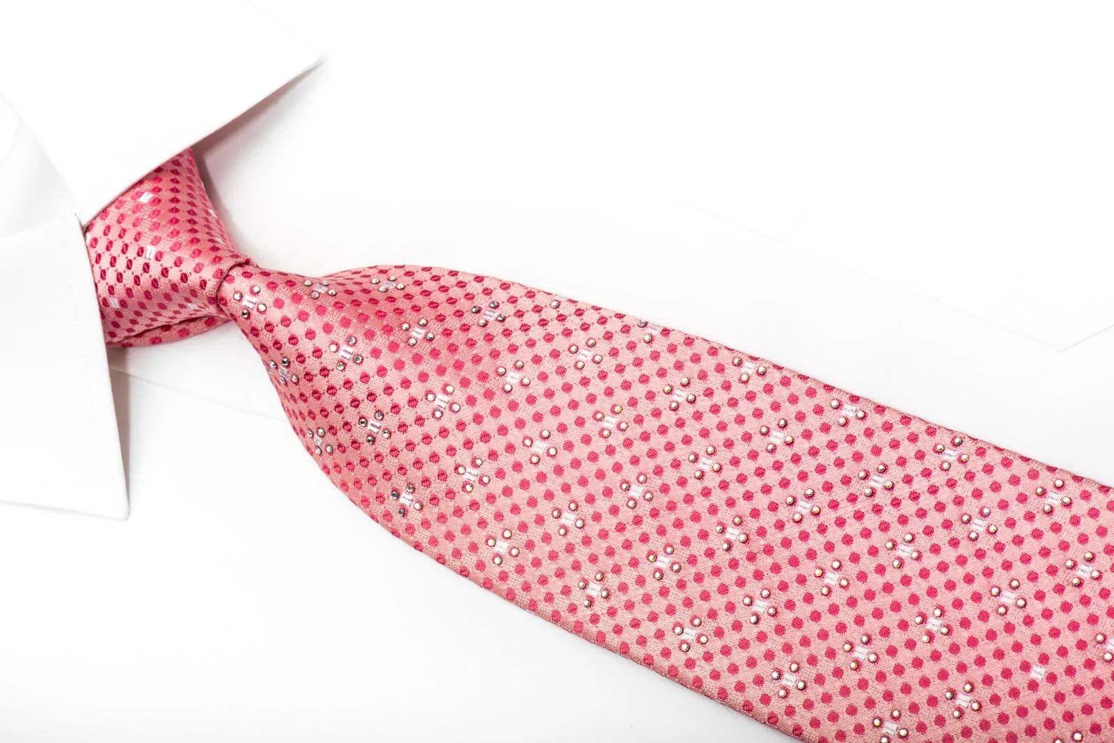 Guy Laroche Men's Silk Necktie Dots On Pink Sparkling With Rhinestones