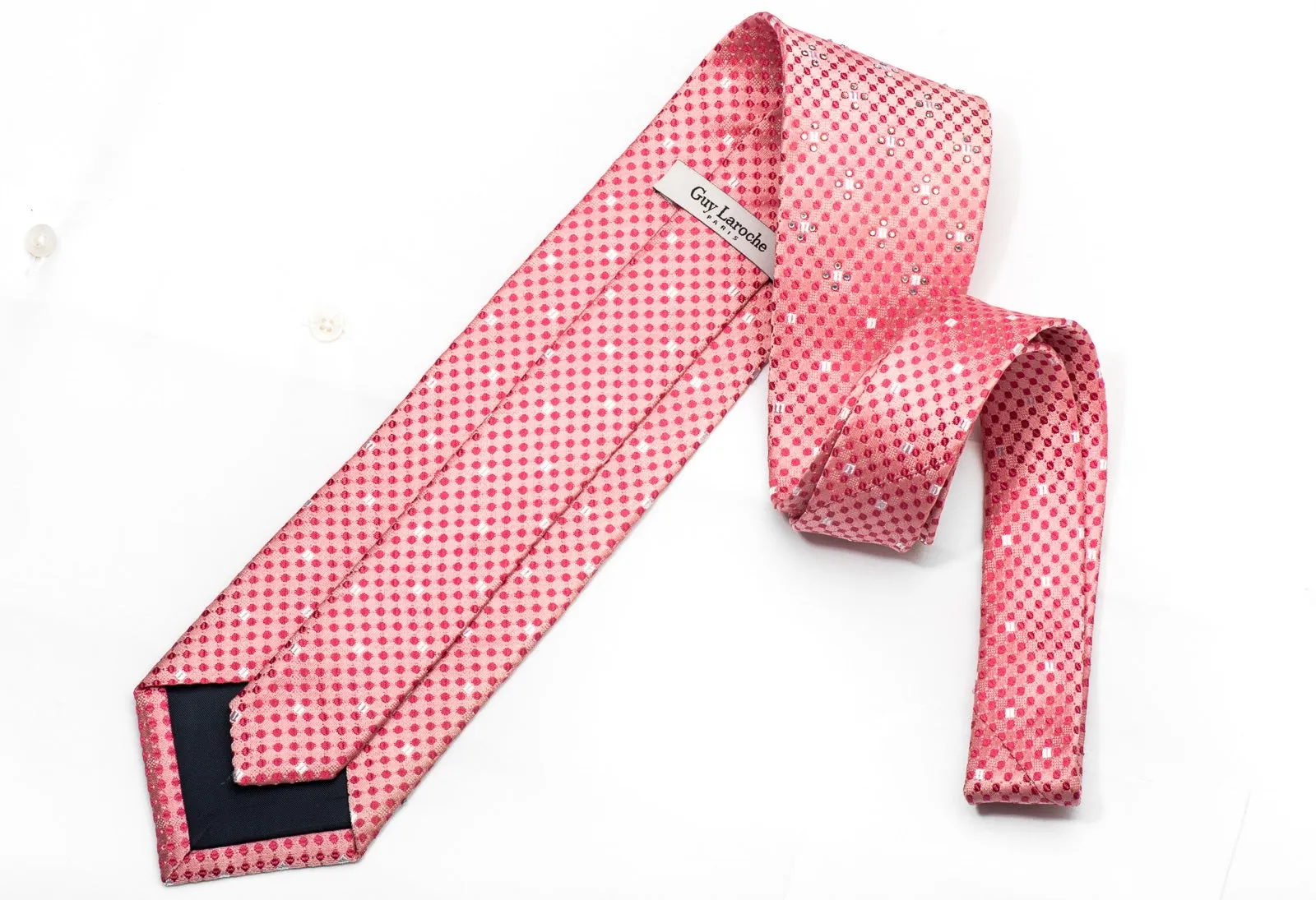 Guy Laroche Men's Silk Necktie Dots On Pink Sparkling With Rhinestones