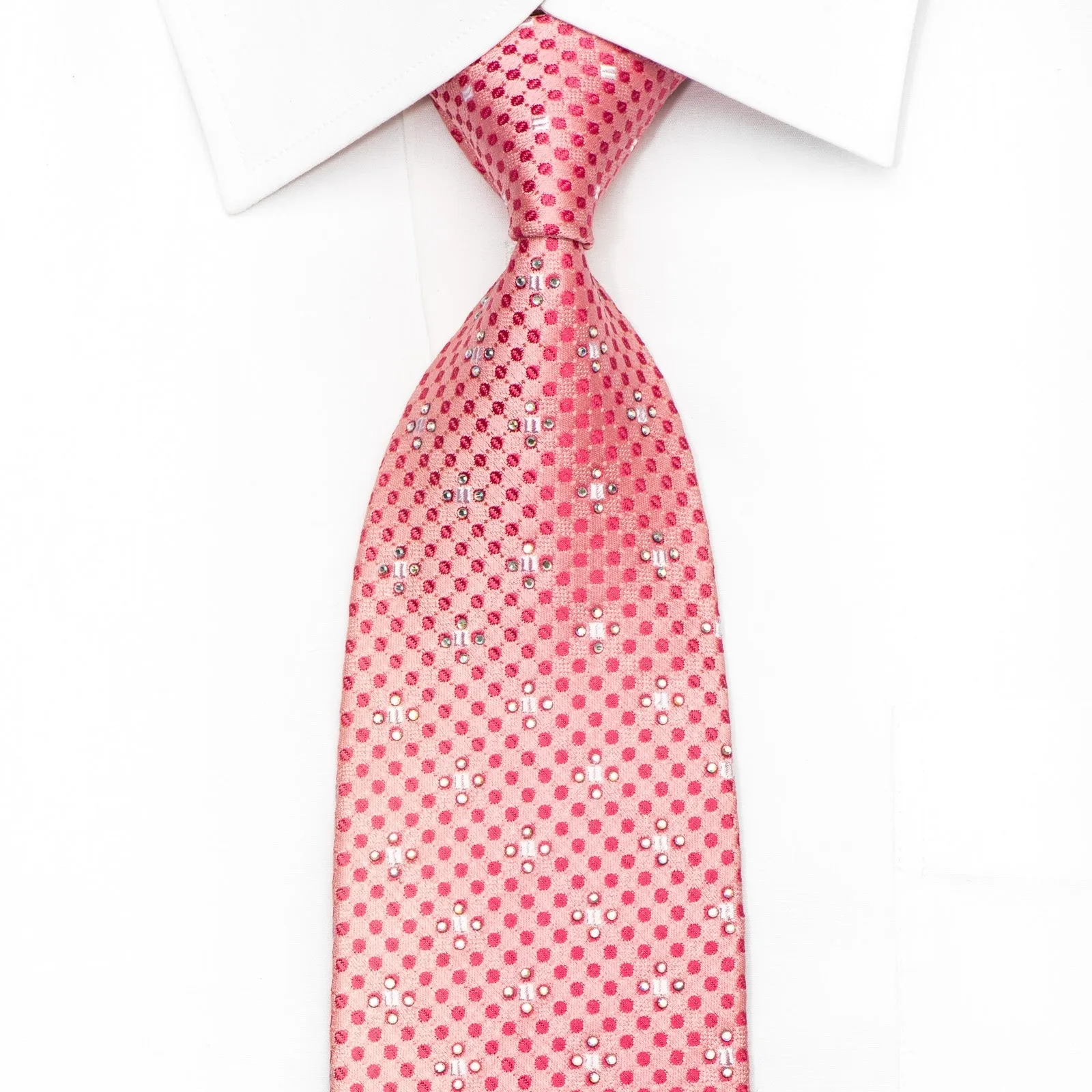Guy Laroche Men's Silk Necktie Dots On Pink Sparkling With Rhinestones