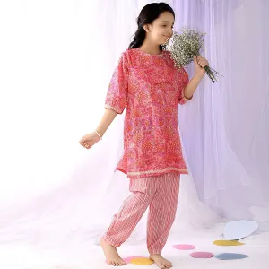 Ikeda Designs Cotton Floral Kurta set - Peach