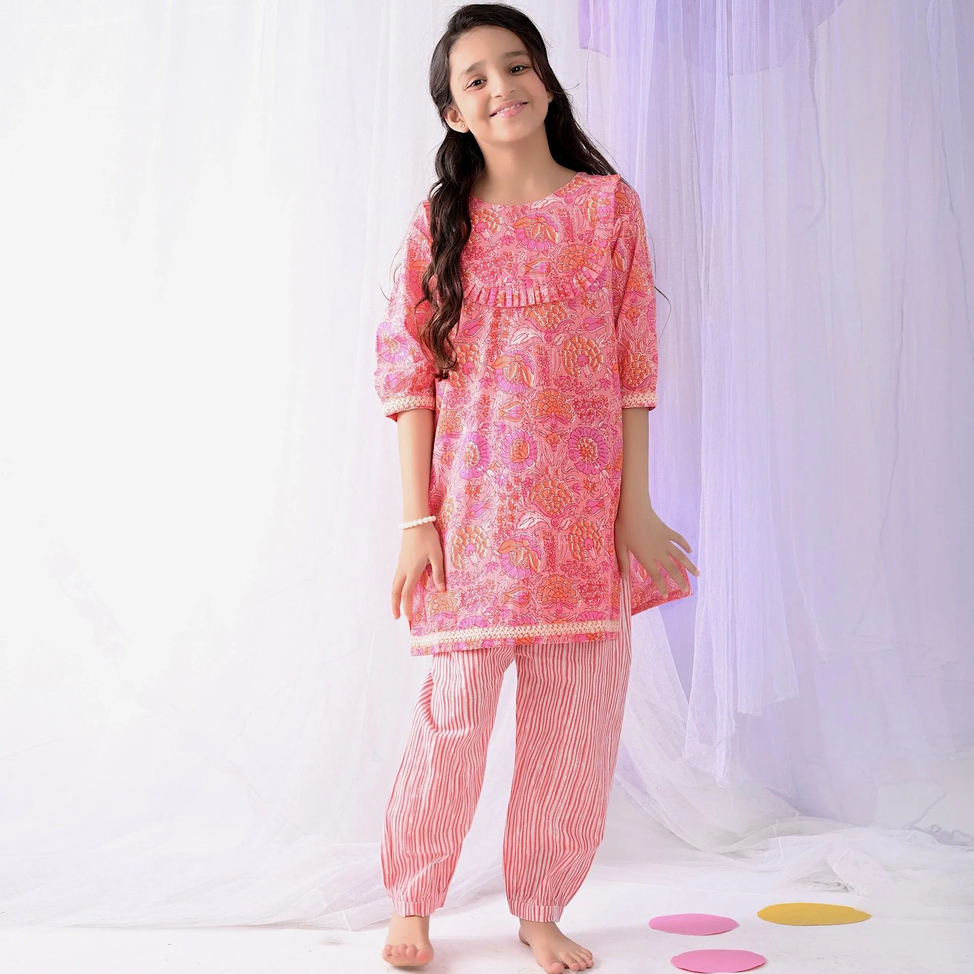 Ikeda Designs Cotton Floral Kurta set - Peach