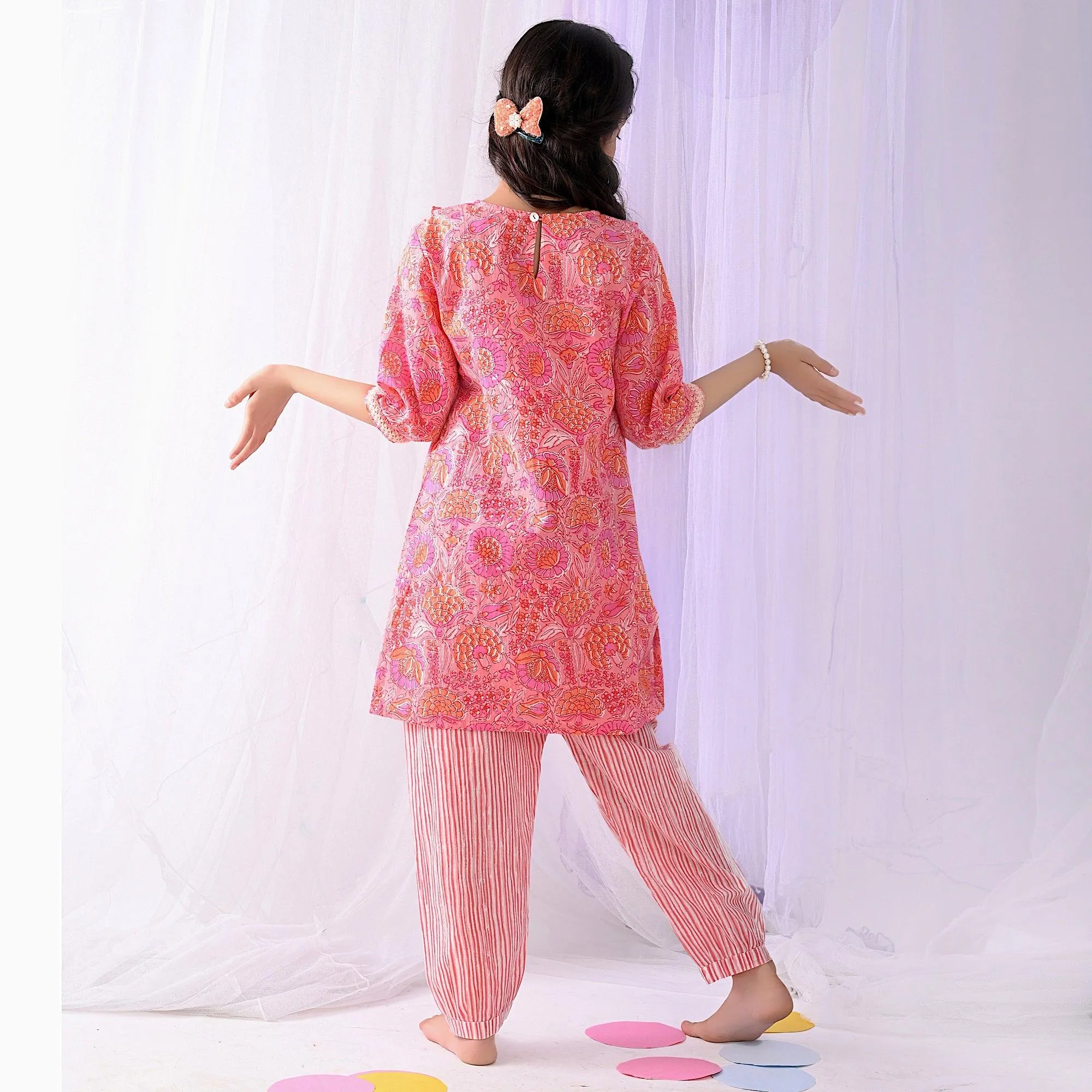 Ikeda Designs Cotton Floral Kurta set - Peach