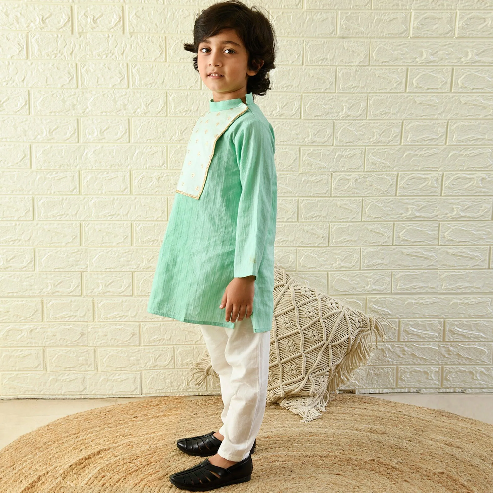 Ikeda Designs Full Sleeves Kurta with Banrasi Yoke with Pyjama -  Sea Green