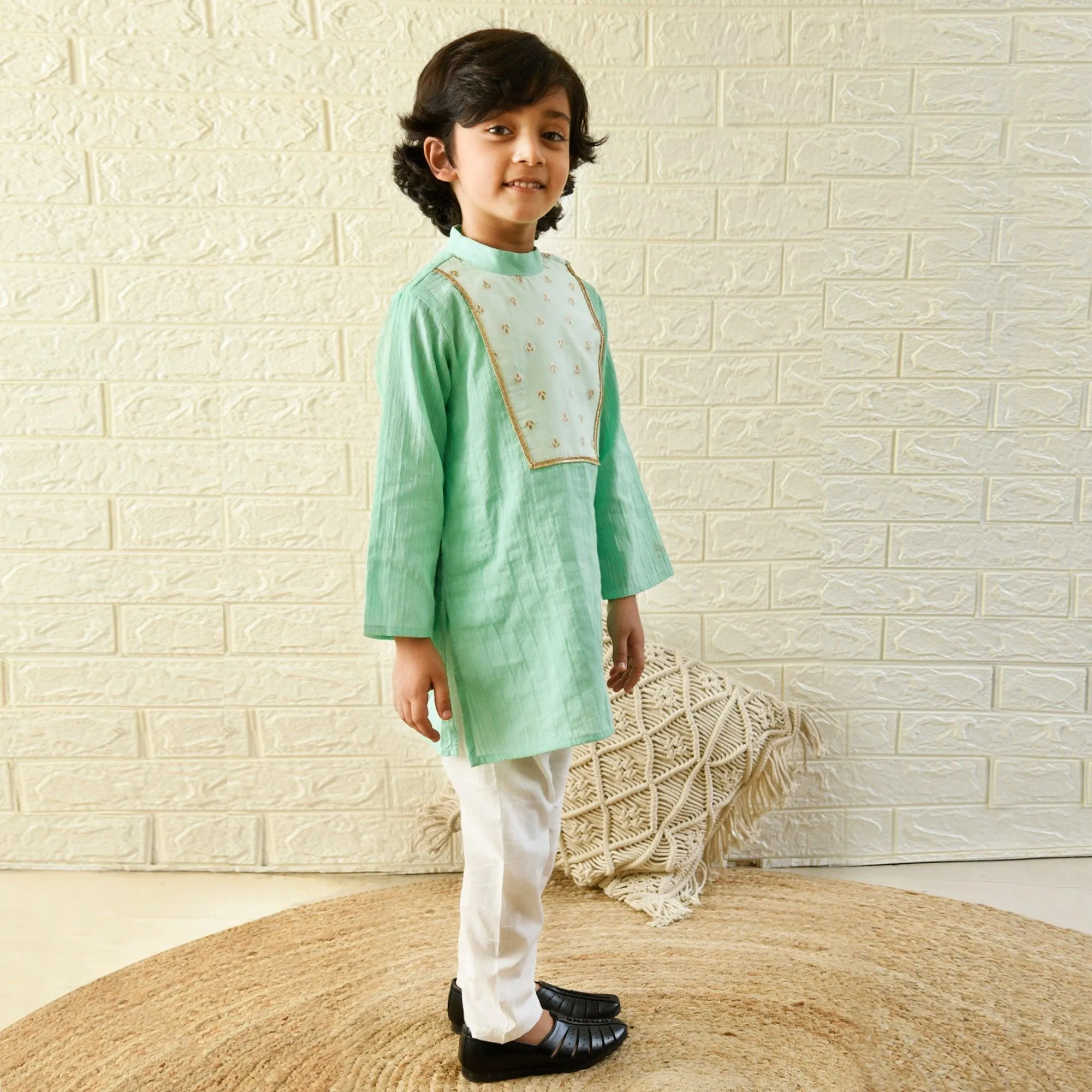 Ikeda Designs Full Sleeves Kurta with Banrasi Yoke with Pyjama -  Sea Green