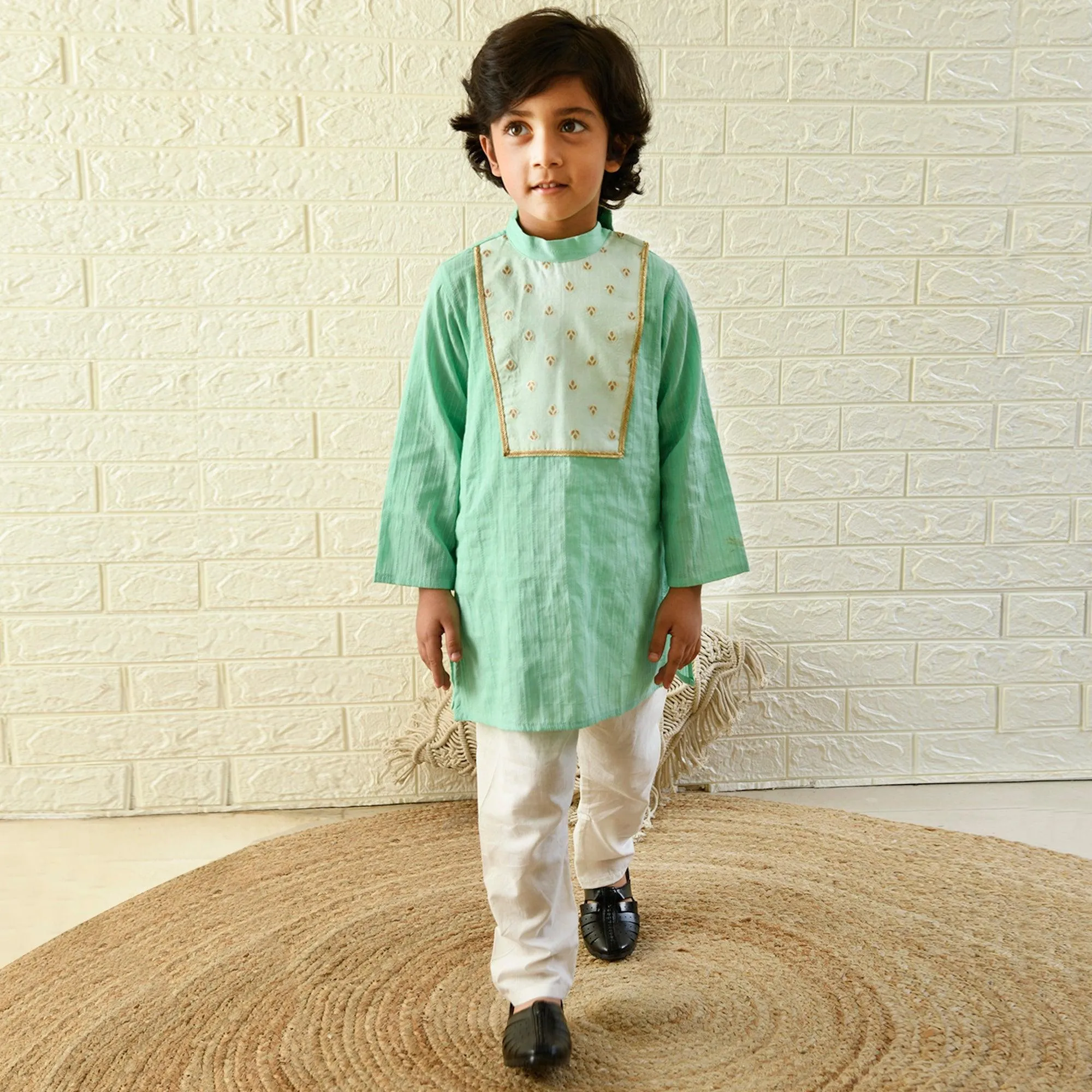 Ikeda Designs Full Sleeves Kurta with Banrasi Yoke with Pyjama -  Sea Green