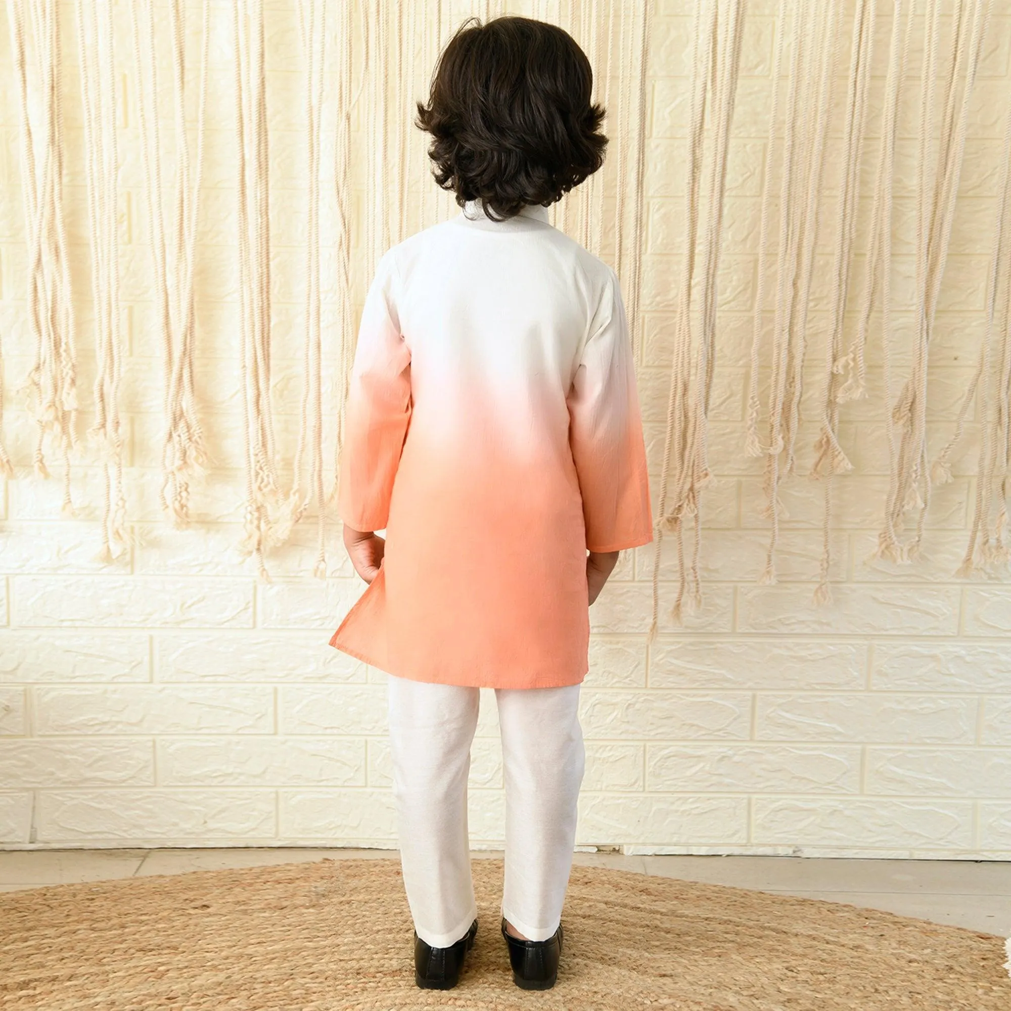 Ikeda Designs Full Sleeves Ombre Kurta with Pyjama -  White and Peach
