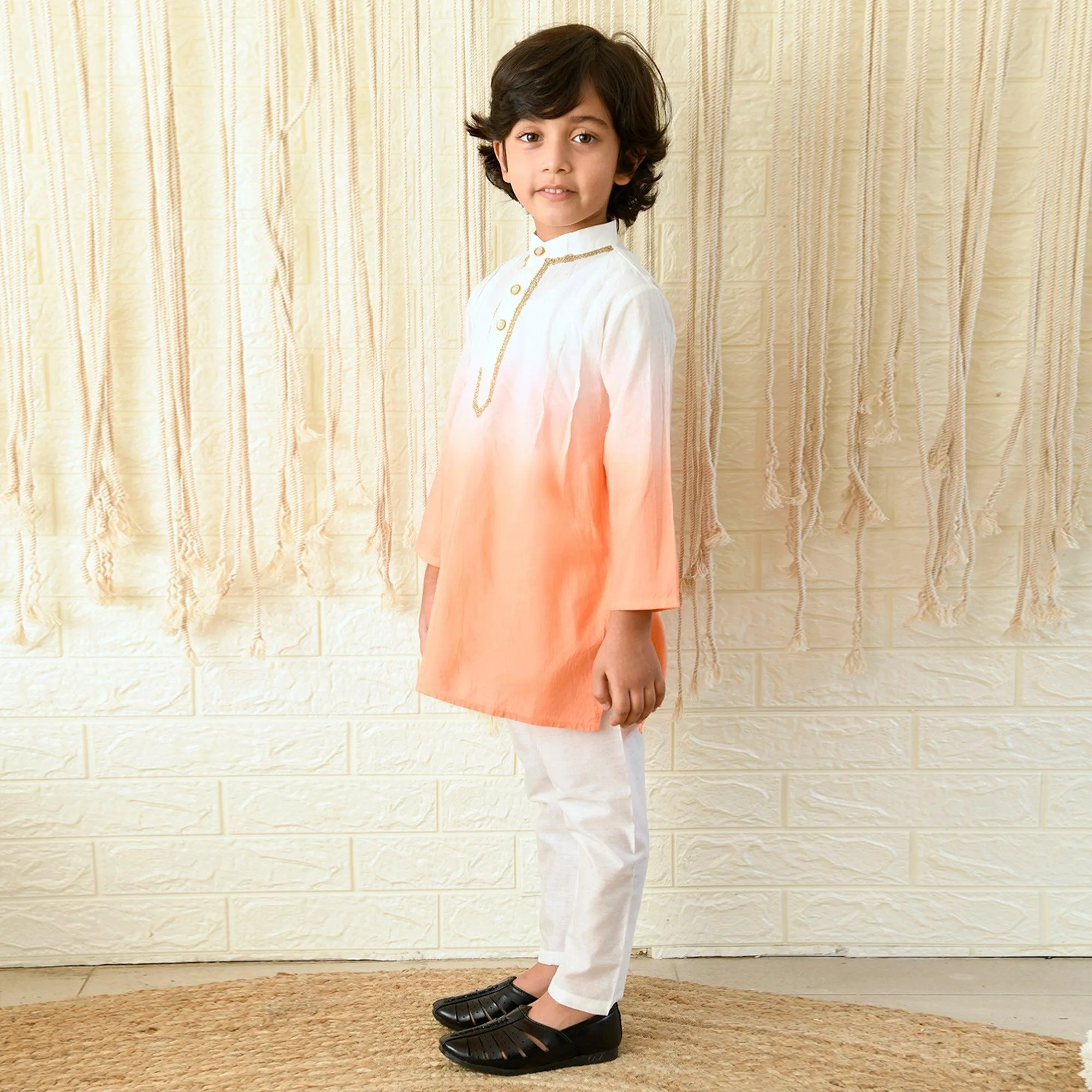 Ikeda Designs Full Sleeves Ombre Kurta with Pyjama -  White and Peach
