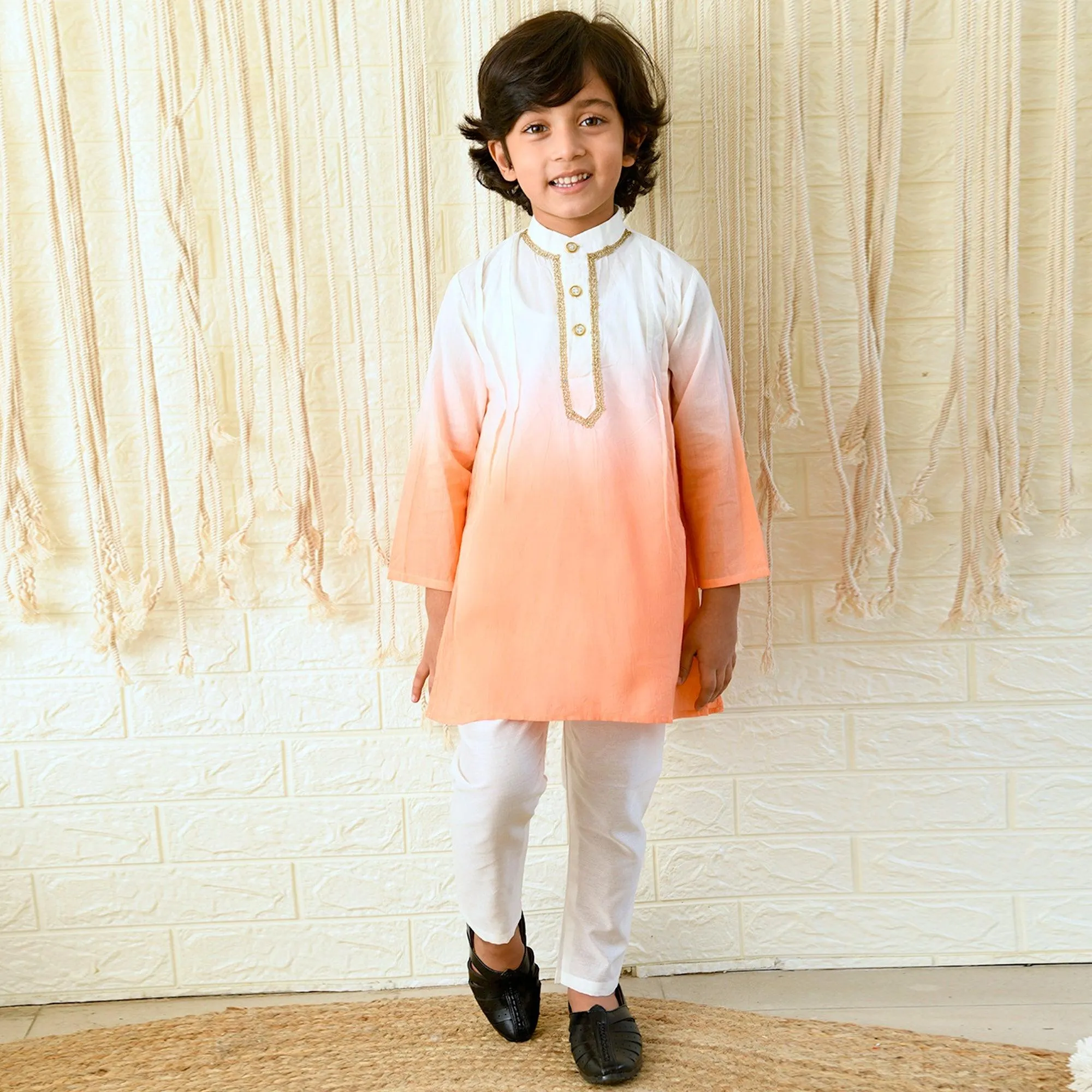 Ikeda Designs Full Sleeves Ombre Kurta with Pyjama -  White and Peach