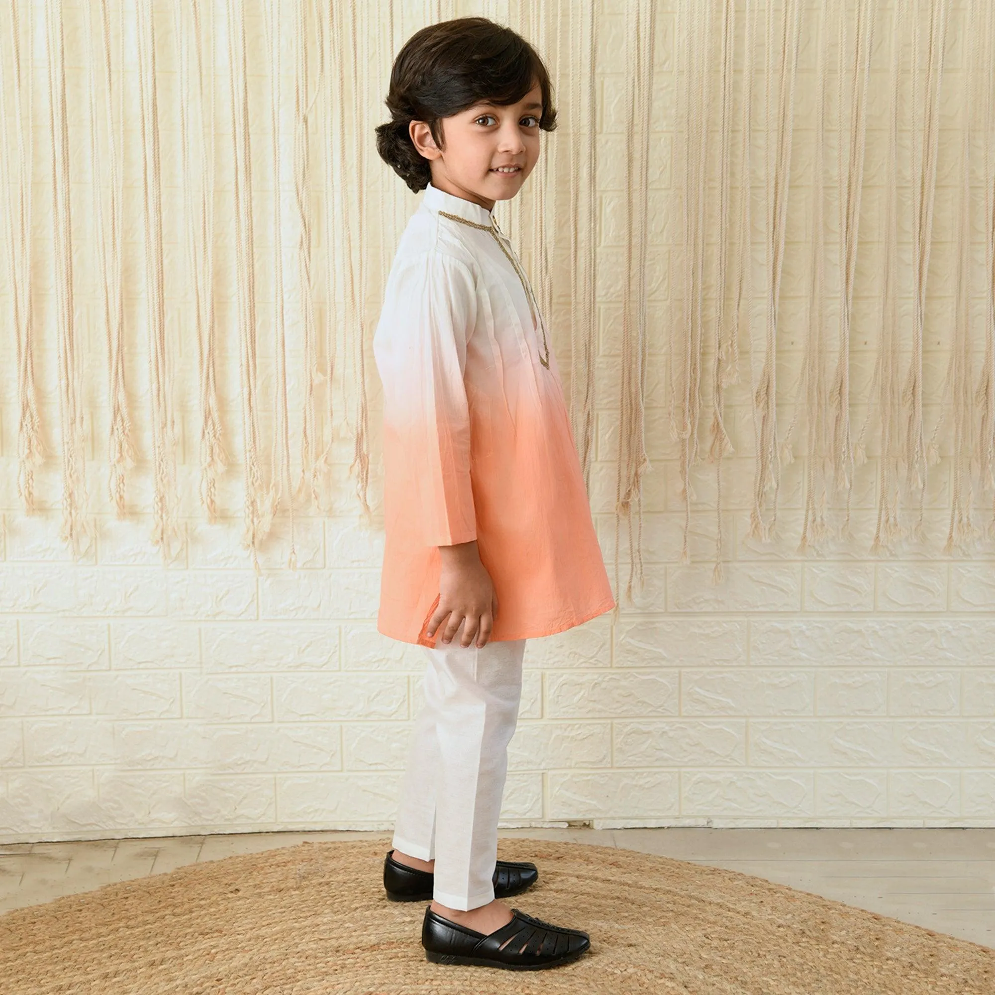 Ikeda Designs Full Sleeves Ombre Kurta with Pyjama -  White and Peach