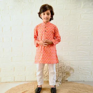 Ikeda Designs Full Sleeves Peach Buti Block printed Kurta with Pyjama -  Peach