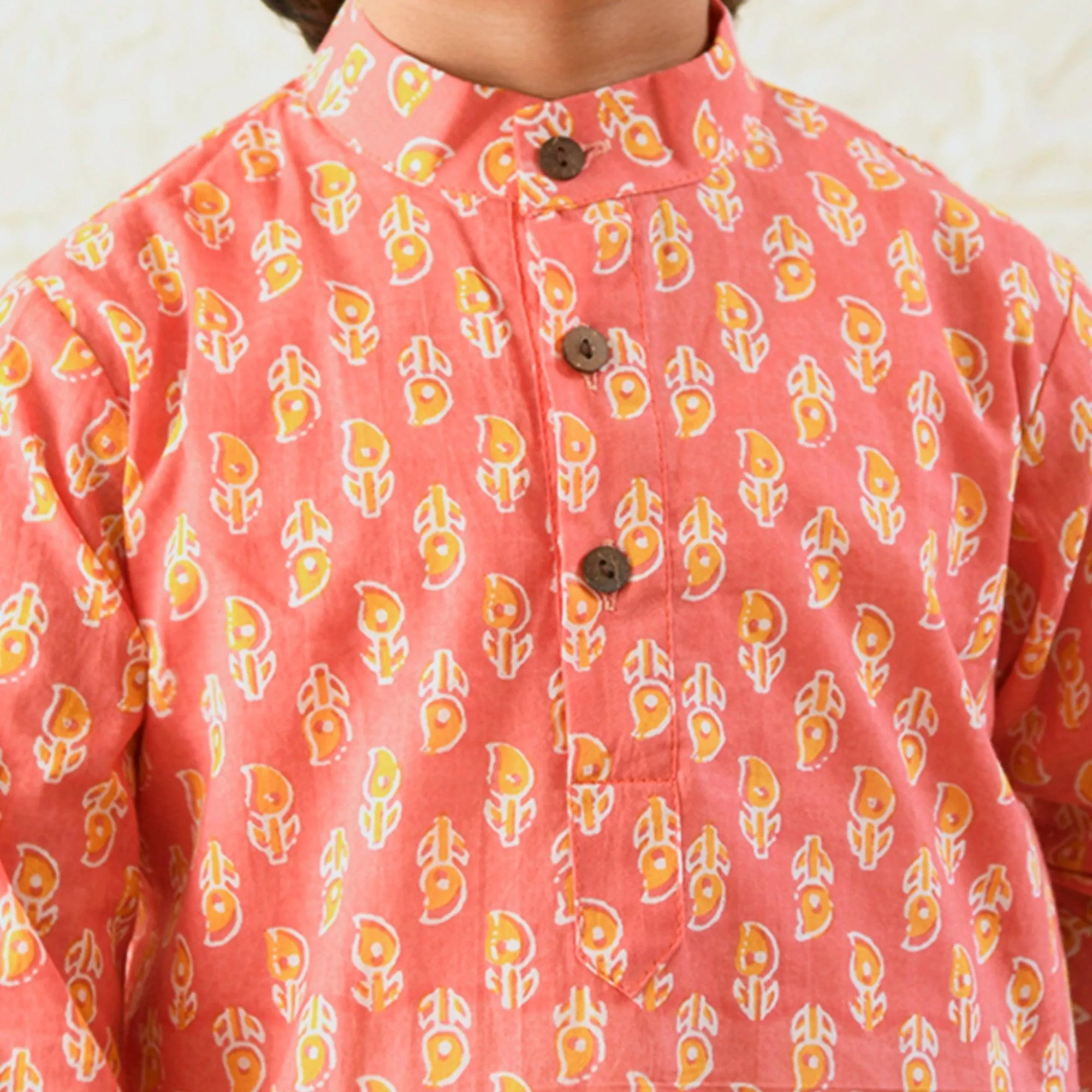 Ikeda Designs Full Sleeves Peach Buti Block printed Kurta with Pyjama -  Peach