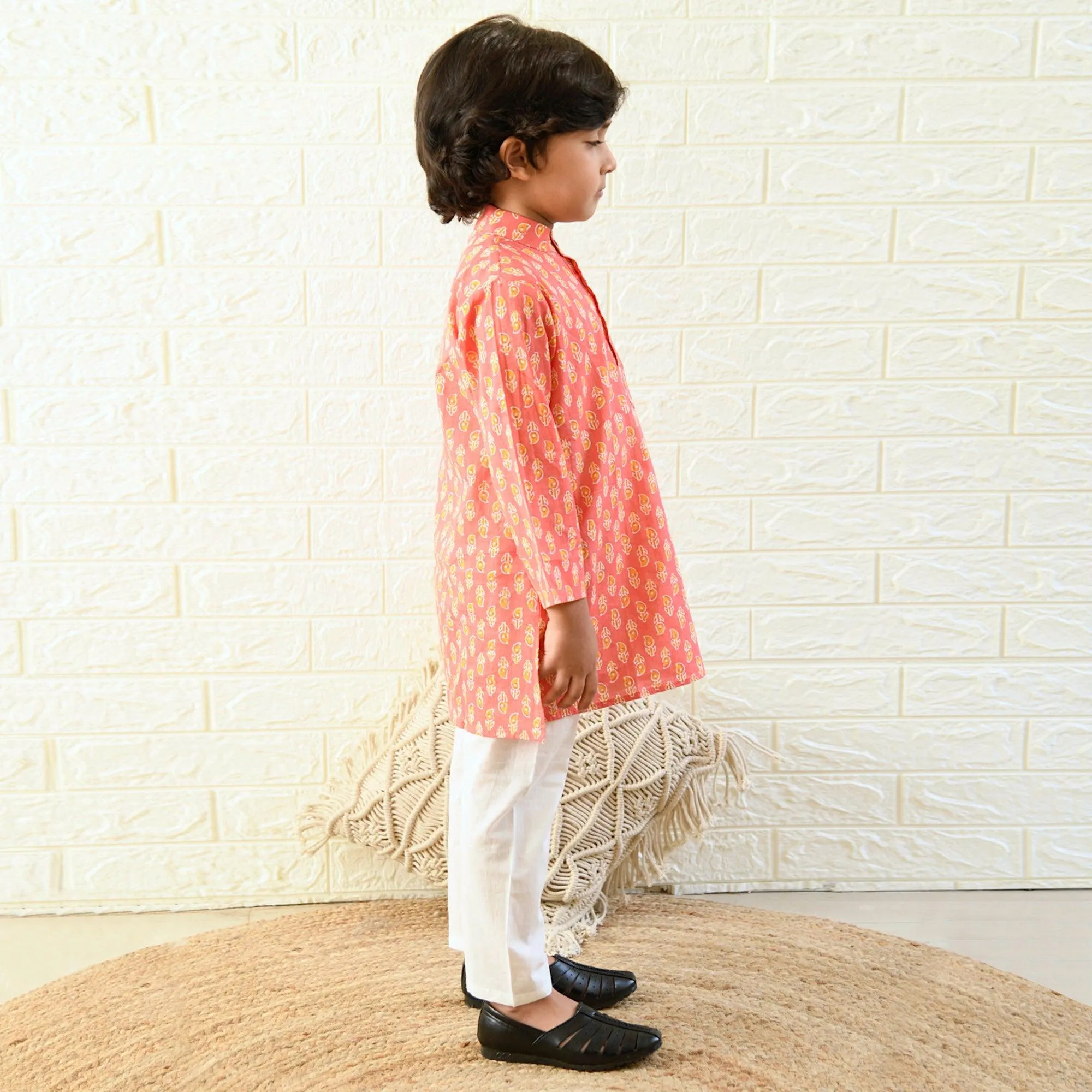 Ikeda Designs Full Sleeves Peach Buti Block printed Kurta with Pyjama -  Peach