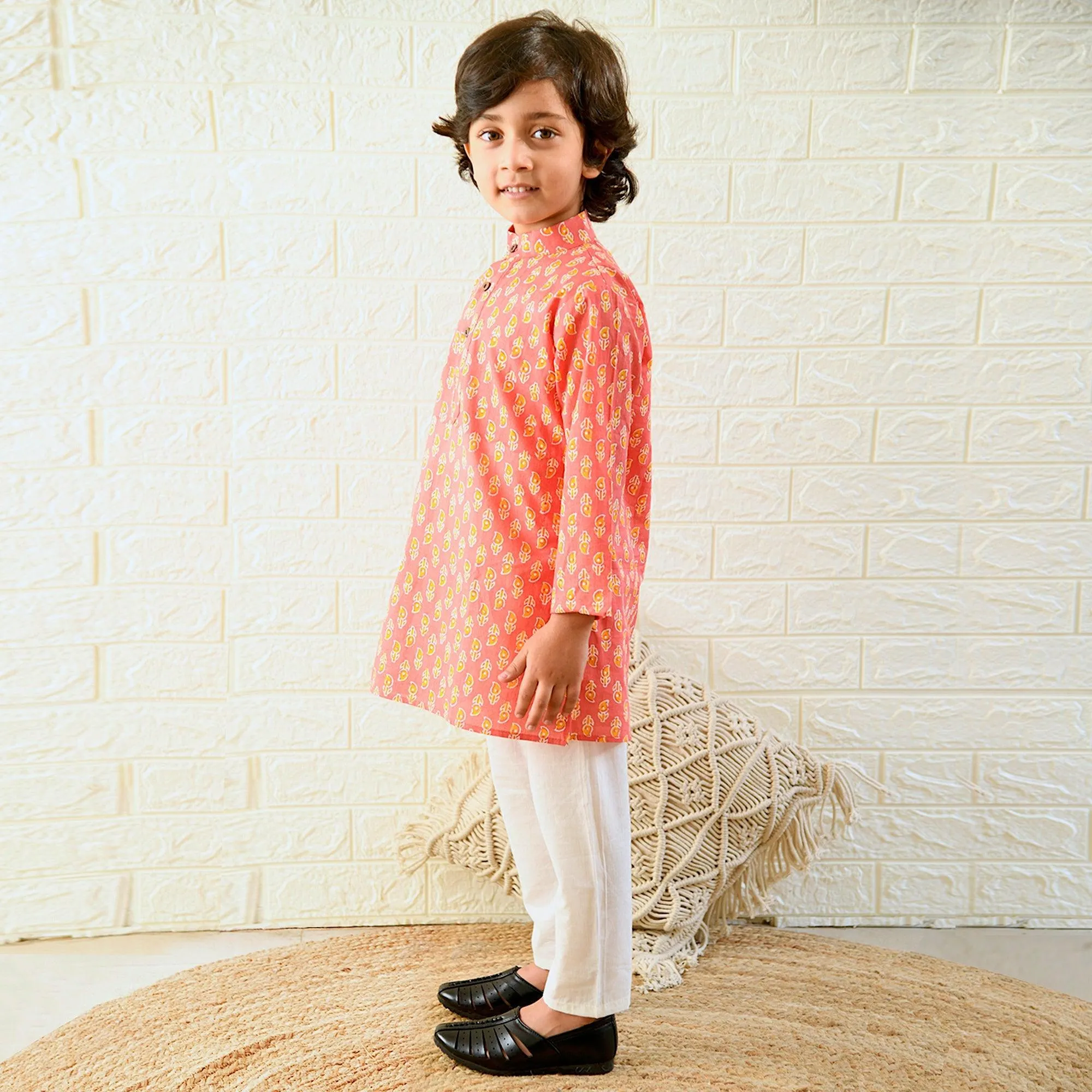 Ikeda Designs Full Sleeves Peach Buti Block printed Kurta with Pyjama -  Peach