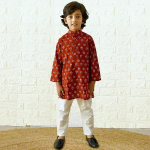 Ikeda Designs Full Sleeves Red Buti Block printed Kurta with Pyjama -  Bagru Red