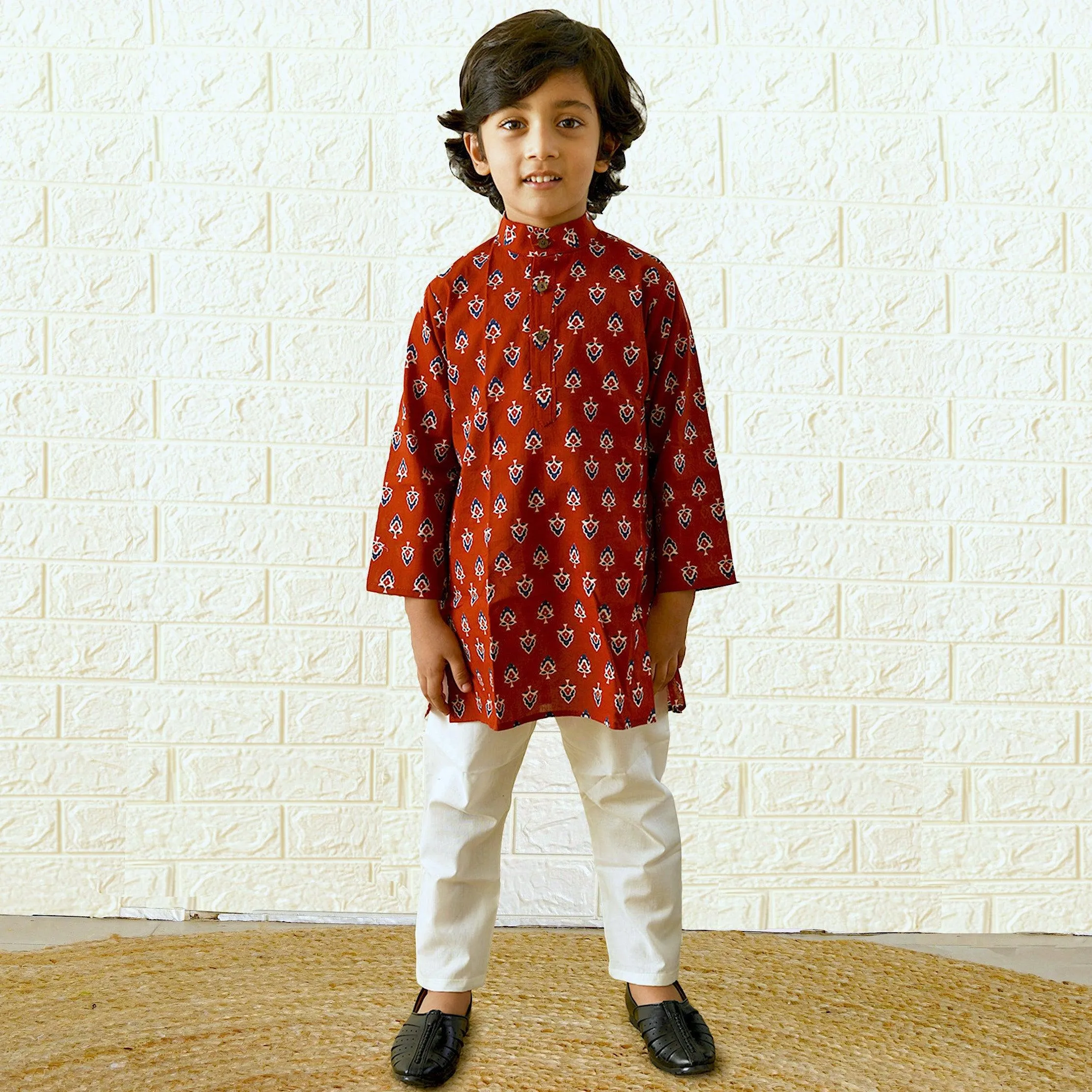 Ikeda Designs Full Sleeves Red Buti Block printed Kurta with Pyjama -  Bagru Red