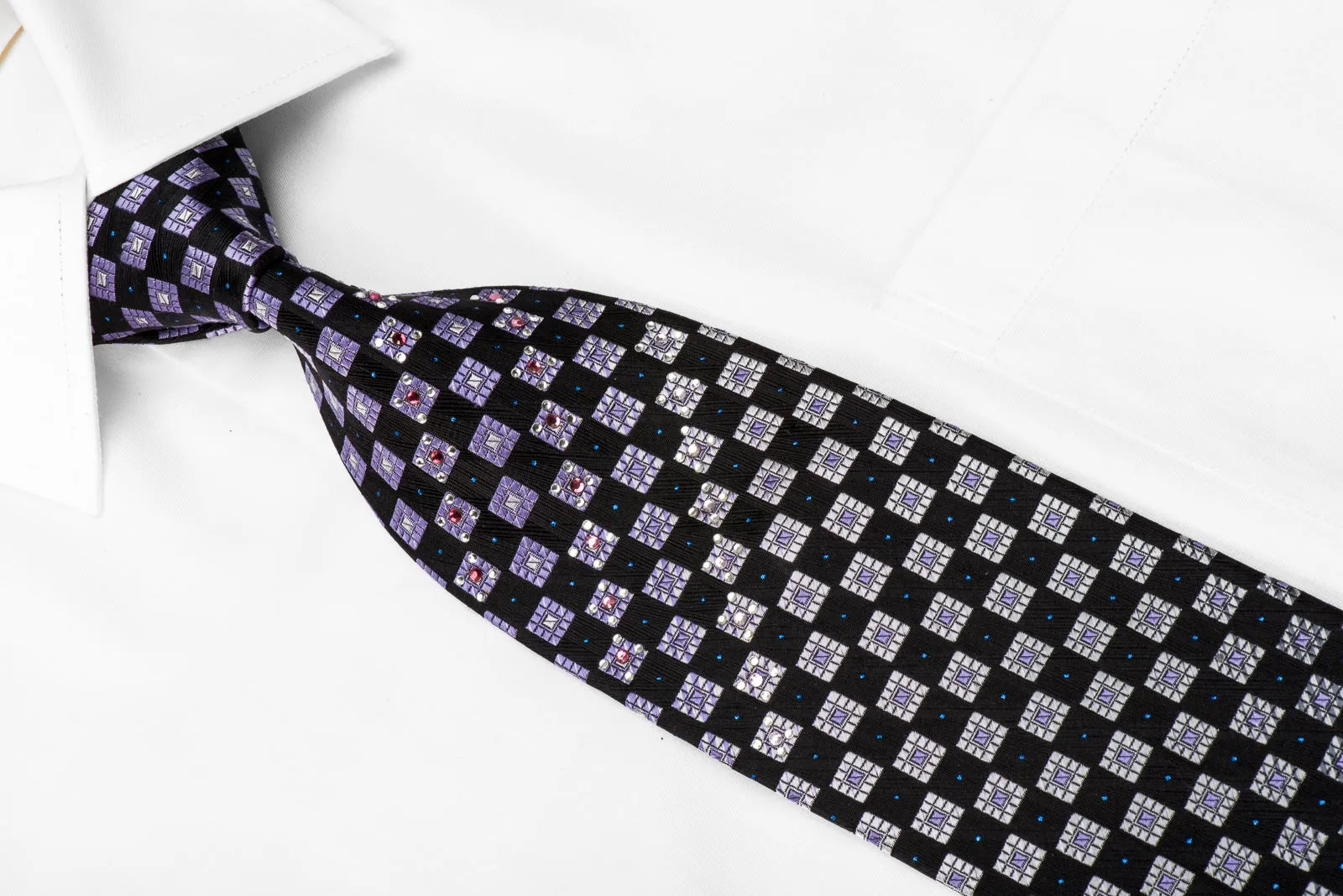 Indian Homme Men's Crystal Rhinestone Silk Necktie Silver Purple Checkered On Black With Sparkles