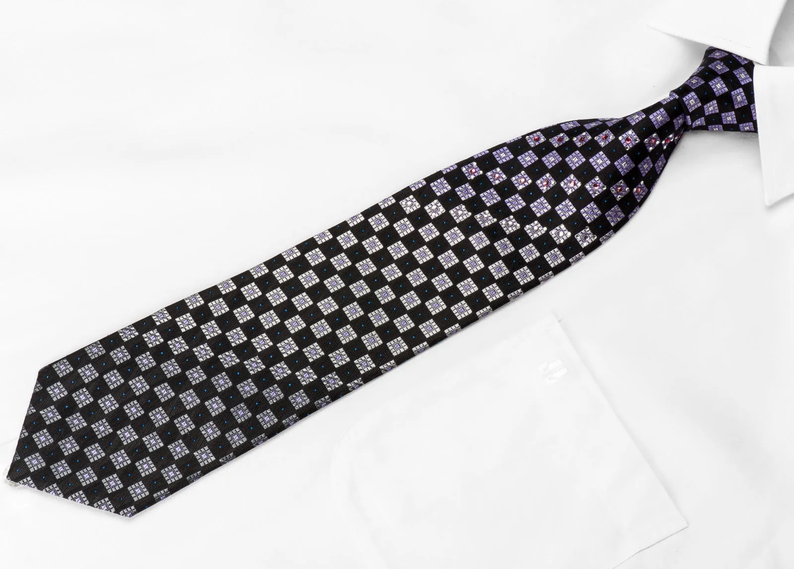 Indian Homme Men's Crystal Rhinestone Silk Necktie Silver Purple Checkered On Black With Sparkles