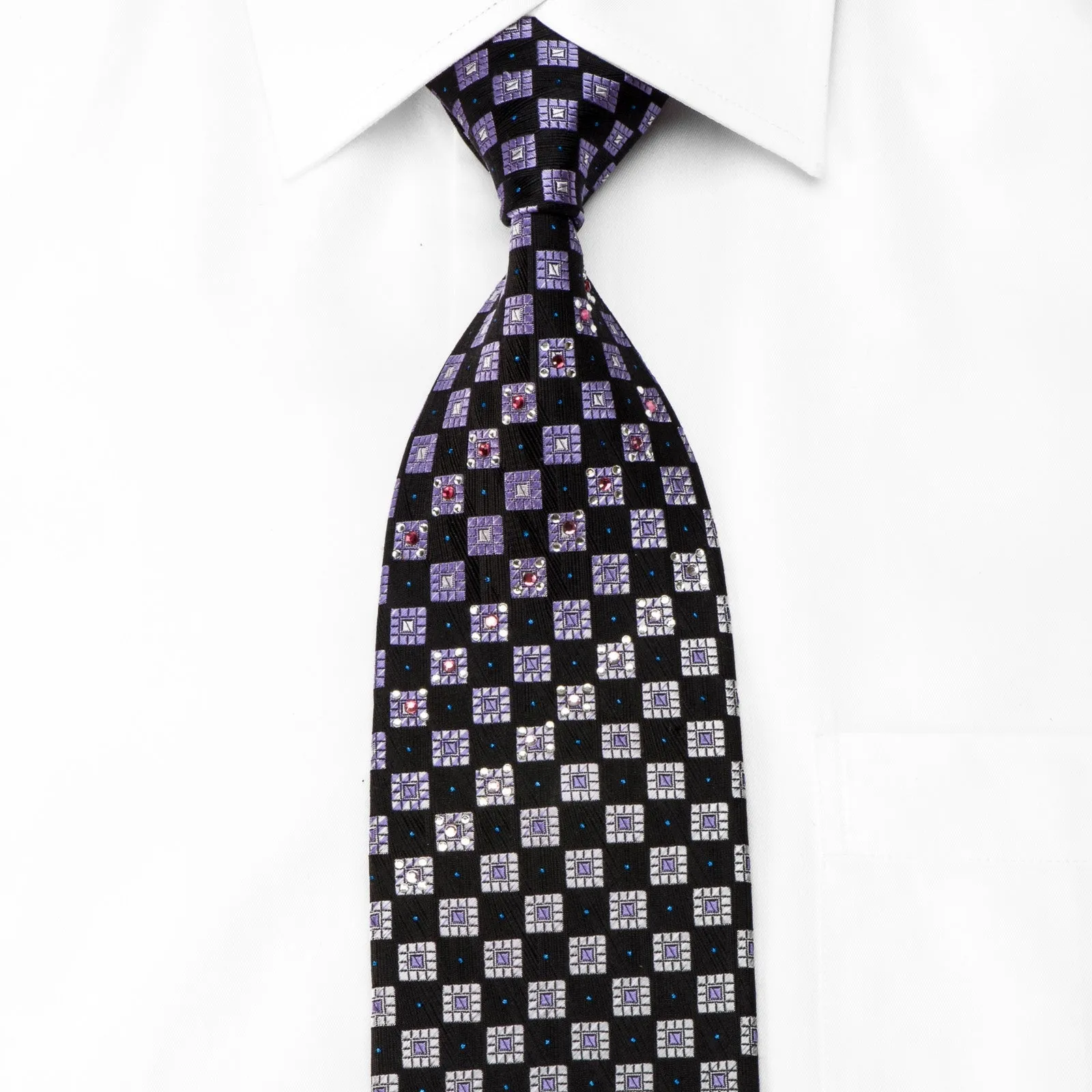 Indian Homme Men's Crystal Rhinestone Silk Necktie Silver Purple Checkered On Black With Sparkles