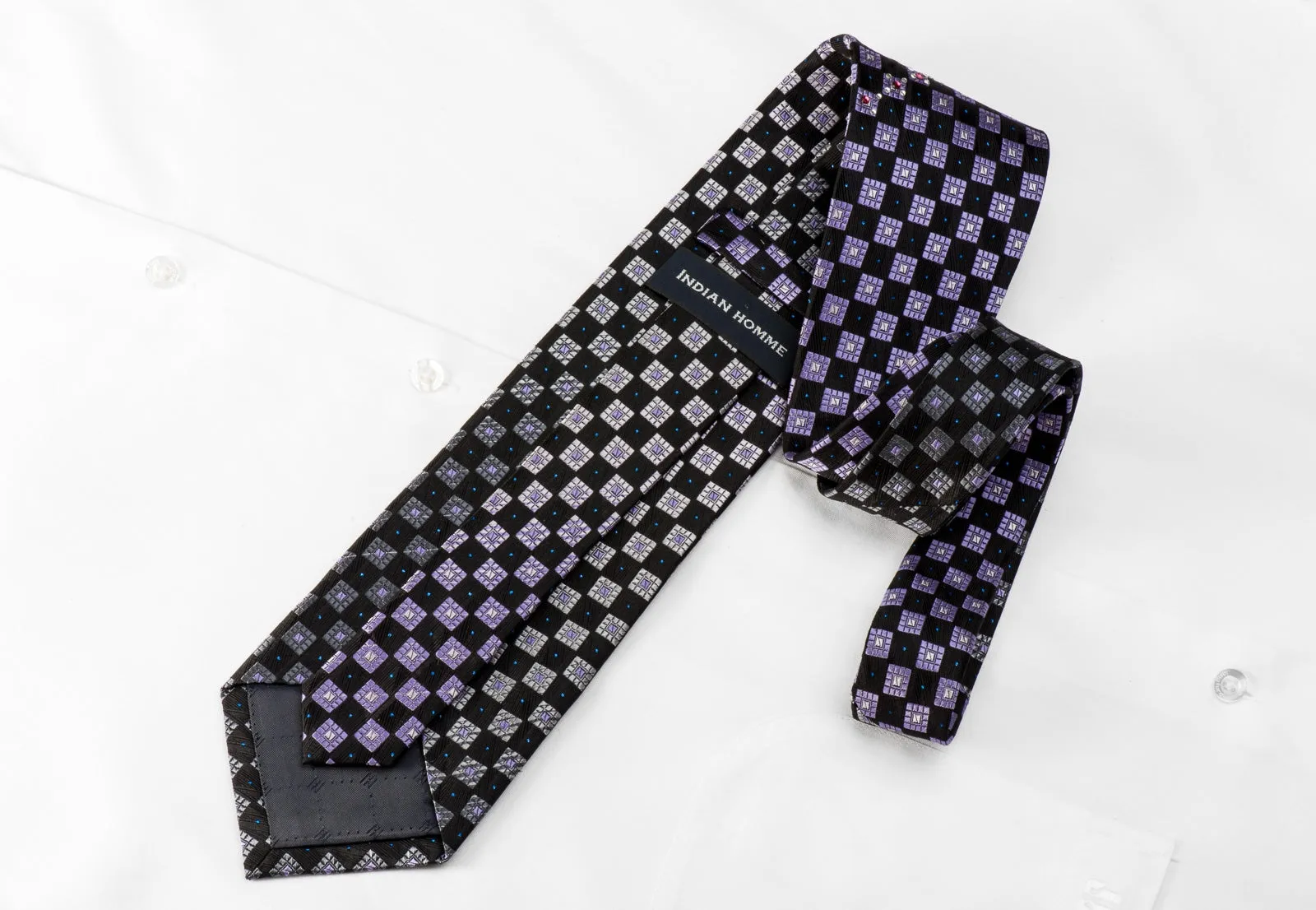 Indian Homme Men's Crystal Rhinestone Silk Necktie Silver Purple Checkered On Black With Sparkles